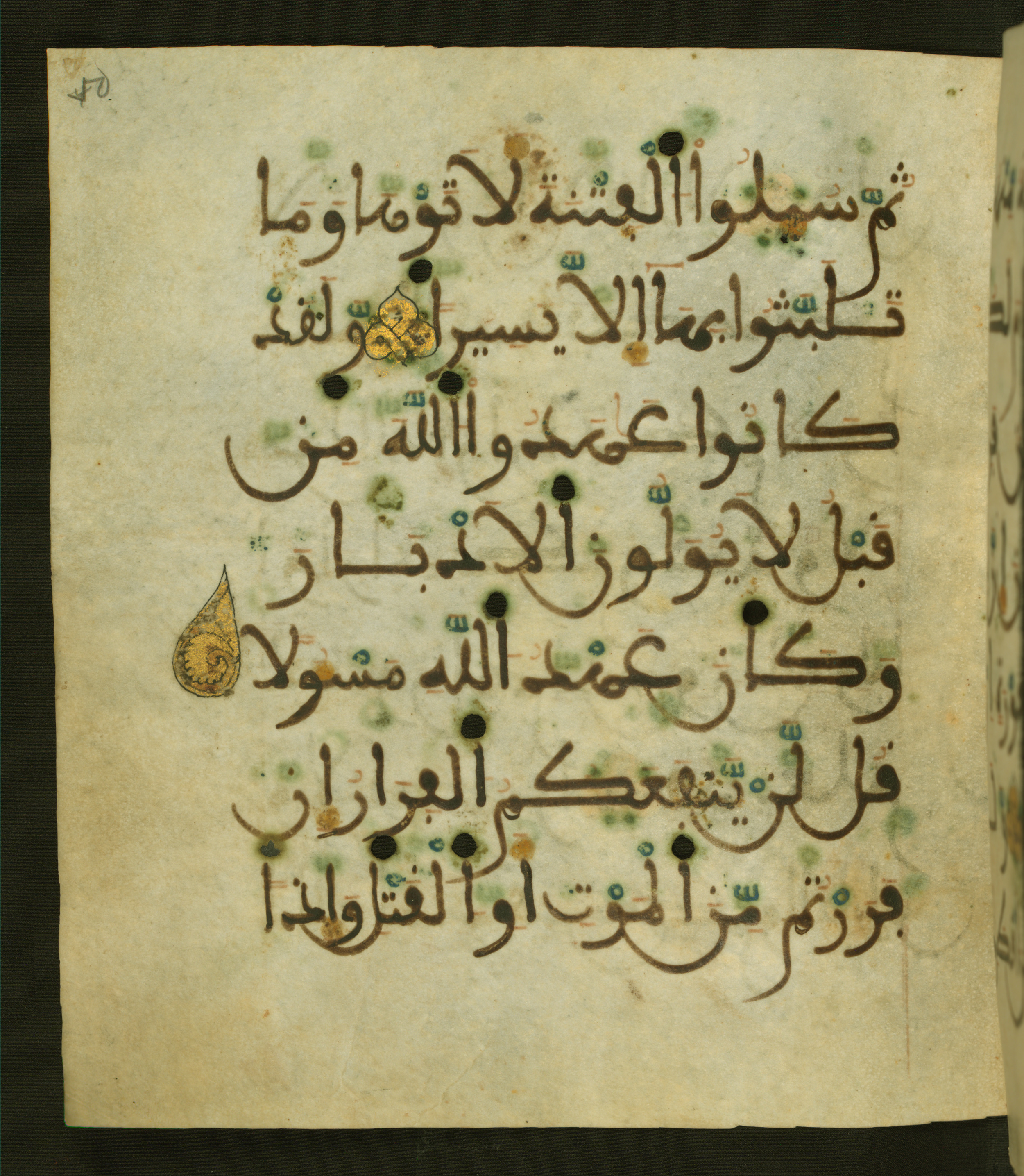 Baltimore, Maryland, The Walters Art Museum, W.556 (Scan 1), in maġribī script, showing Surah 33:16 from 13th to 15th Century AD found in Unknown, currently housed at The Walters Art Museum, Baltimore, Maryland