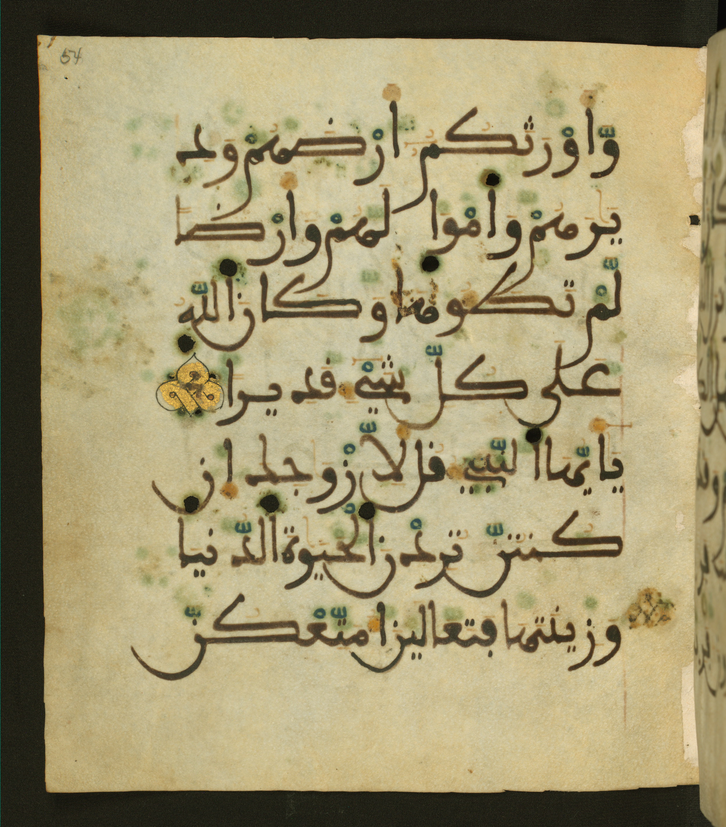Baltimore, Maryland, The Walters Art Museum, W.556 (Scan 1), in maġribī script, showing Surah 33:28 from 13th to 15th Century AD found in Unknown, currently housed at The Walters Art Museum, Baltimore, Maryland