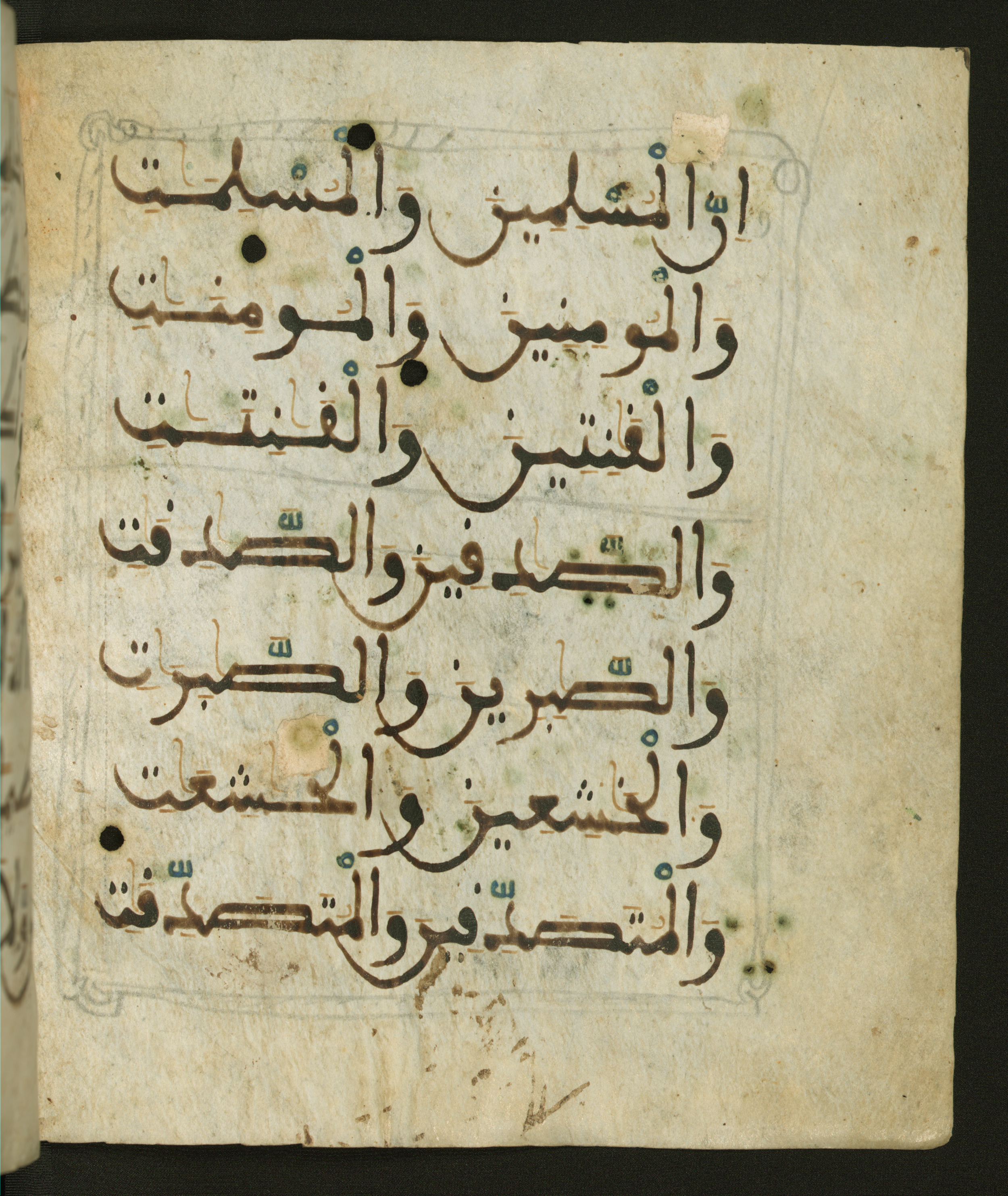 Baltimore, Maryland, The Walters Art Museum, W.556 (Scan 1), in maġribī script, showing Surah 33:35 from 13th to 15th Century AD found in Unknown, currently housed at The Walters Art Museum, Baltimore, Maryland