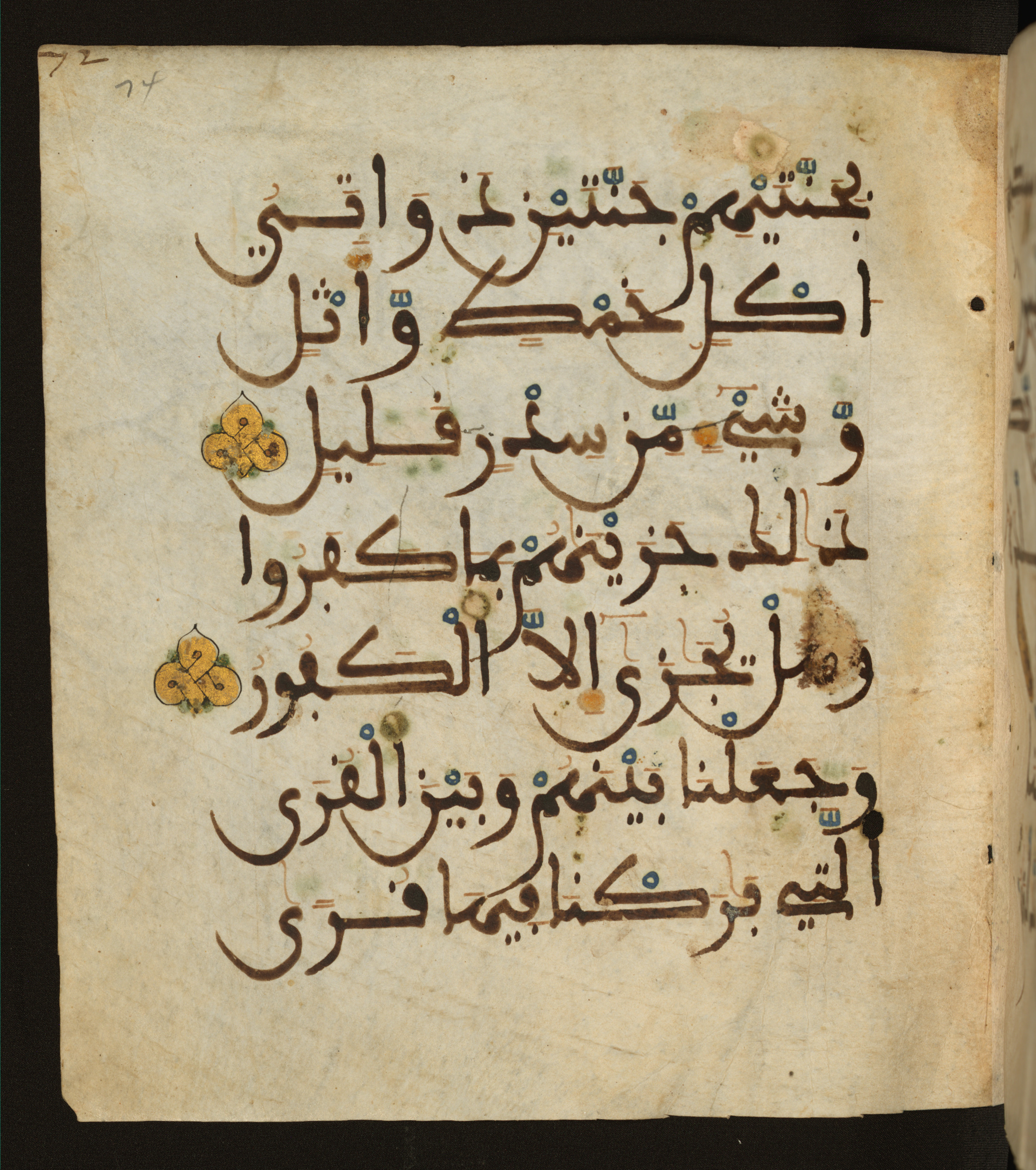 Baltimore, Maryland, The Walters Art Museum, W.556 (Scan 2), in maġribī script, showing Surah 34:16 from 13th to 15th Century AD found in Unknown, currently housed at The Walters Art Museum, Baltimore, Maryland