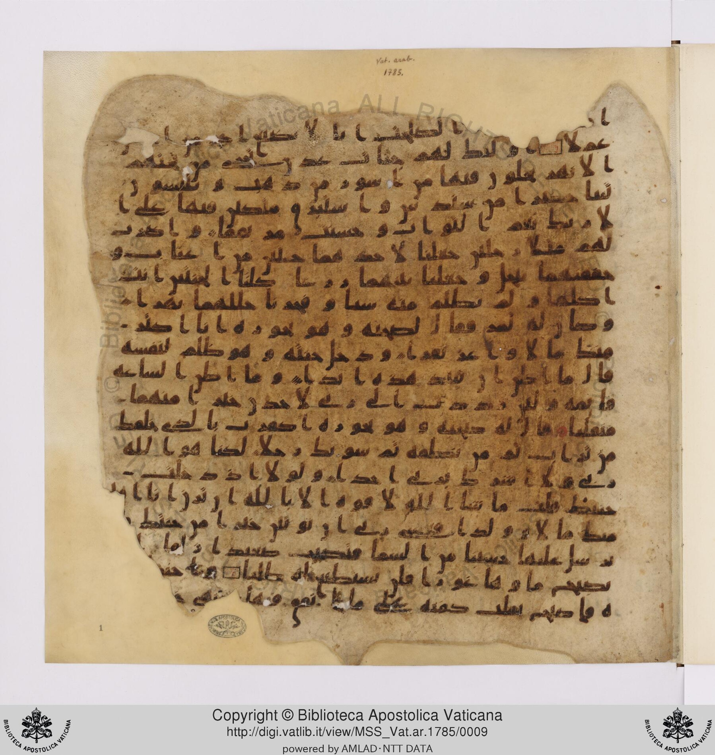 Vat. ar. 1785, in ḥiǧāzī IV, kūfī B.Ia script, showing Surah 18:39 from Mid to Late 7th Century AD found in Unknown, currently housed at Biblioteca Apostolica Vaticana, Rome