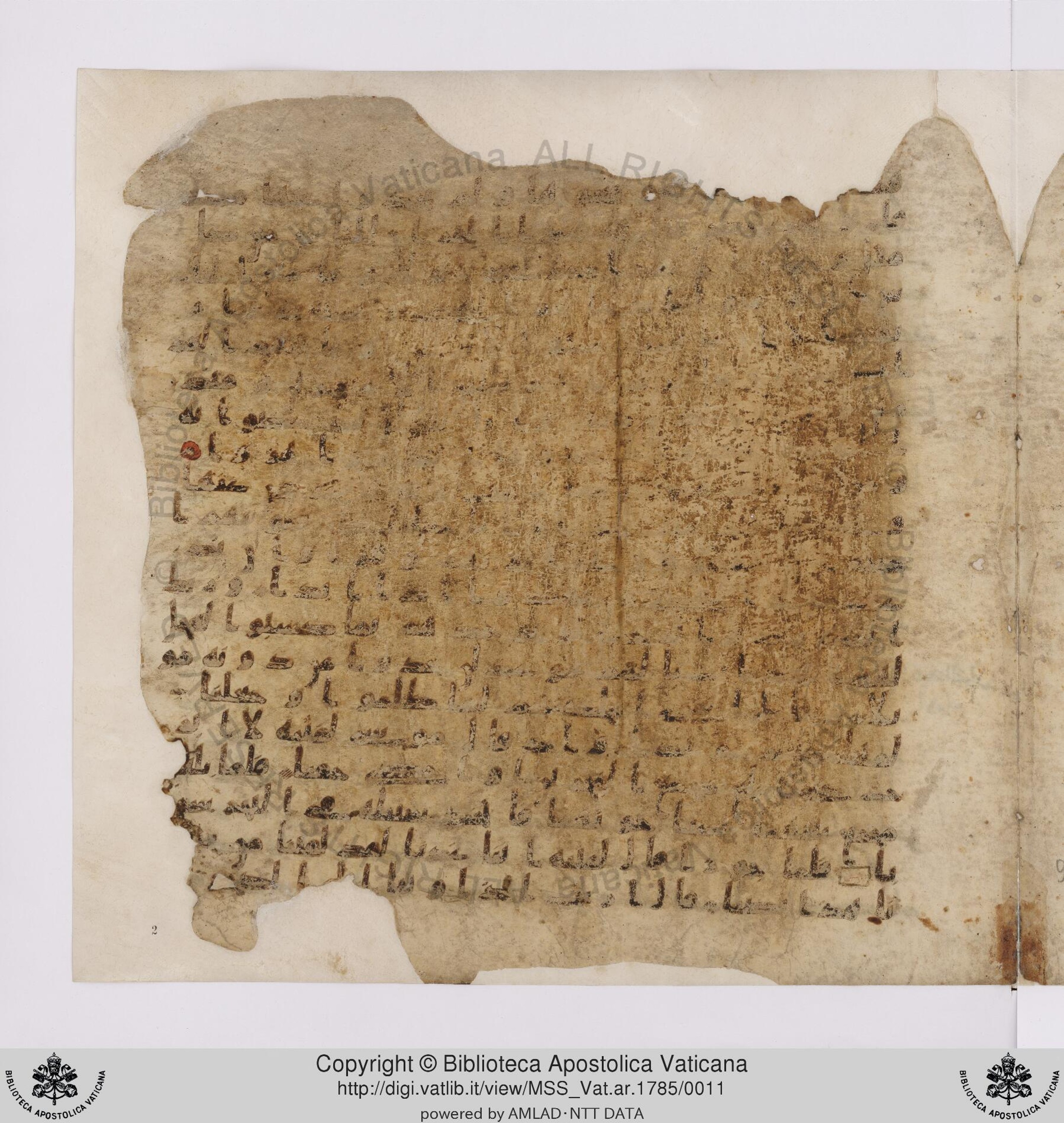 Vat. ar. 1785 (Scan 1), in ḥiǧāzī IV, kūfī B.Ia script, showing Surah 18:63 from Mid to Late 7th Century AD found in Unknown, currently housed at Biblioteca Apostolica Vaticana, Rome