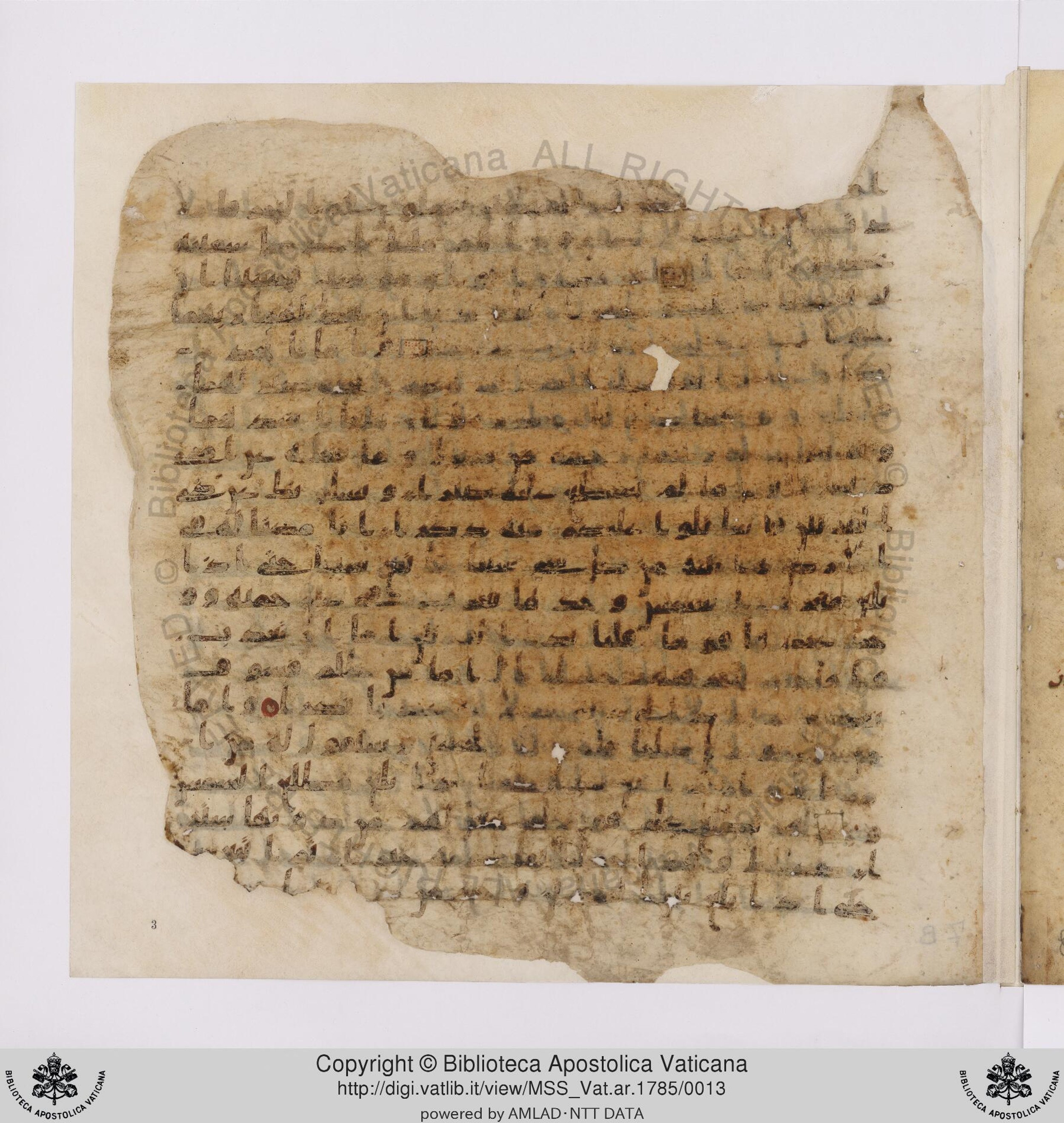 Vat. ar. 1785, in ḥiǧāzī IV, kūfī B.Ia script, showing Surah 18:83 from Mid to Late 7th Century AD found in Unknown, currently housed at Biblioteca Apostolica Vaticana, Rome