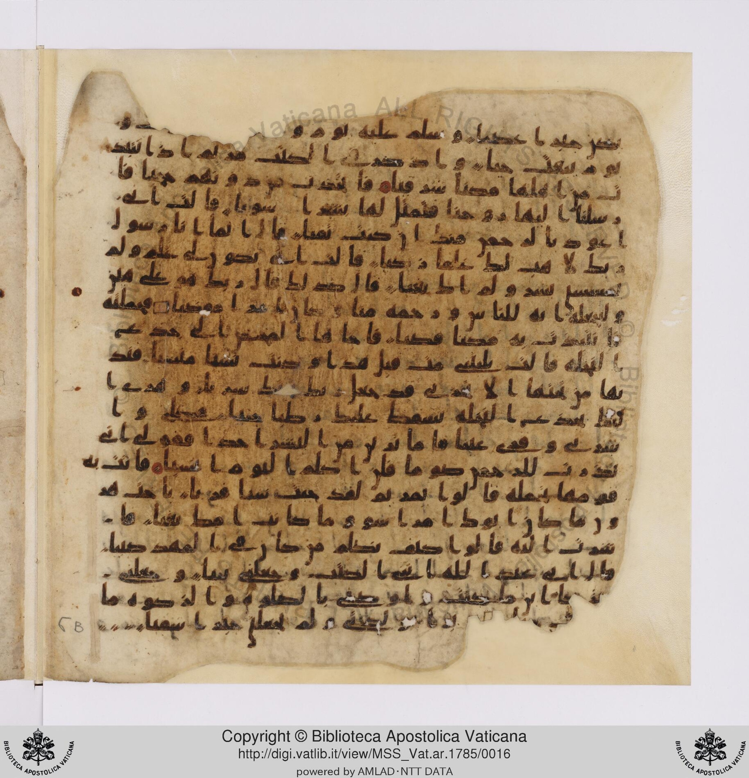 Vat. ar. 1785, in ḥiǧāzī IV, kūfī B.Ia script, showing Surah 19:21 from Mid to Late 7th Century AD found in Unknown, currently housed at Biblioteca Apostolica Vaticana, Rome