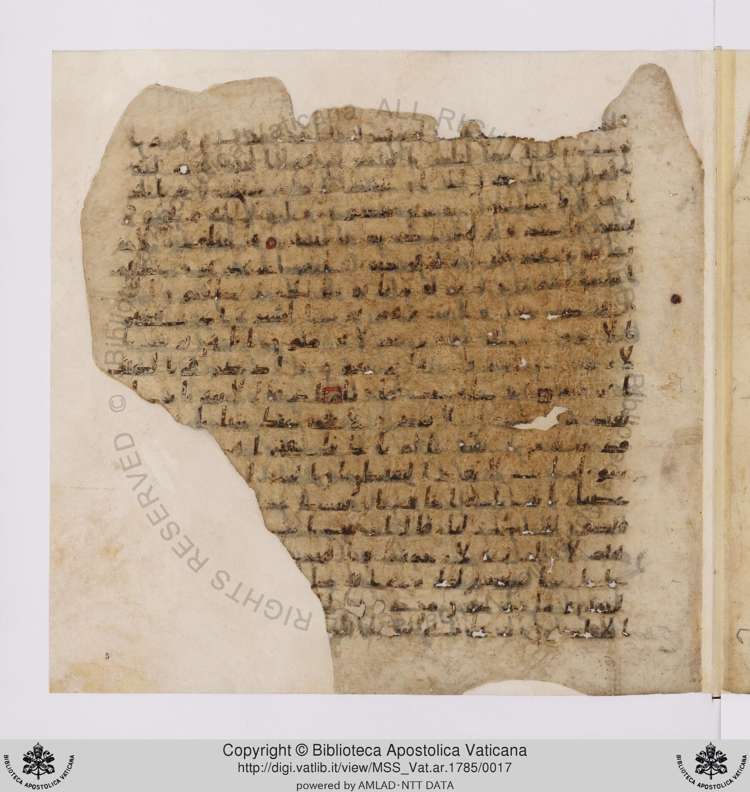 Vat. ar. 1785, in ḥiǧāzī IV, kūfī B.Ia script, showing Surah 19:39 from Mid to Late 7th Century AD found in Unknown, currently housed at Biblioteca Apostolica Vaticana, Rome