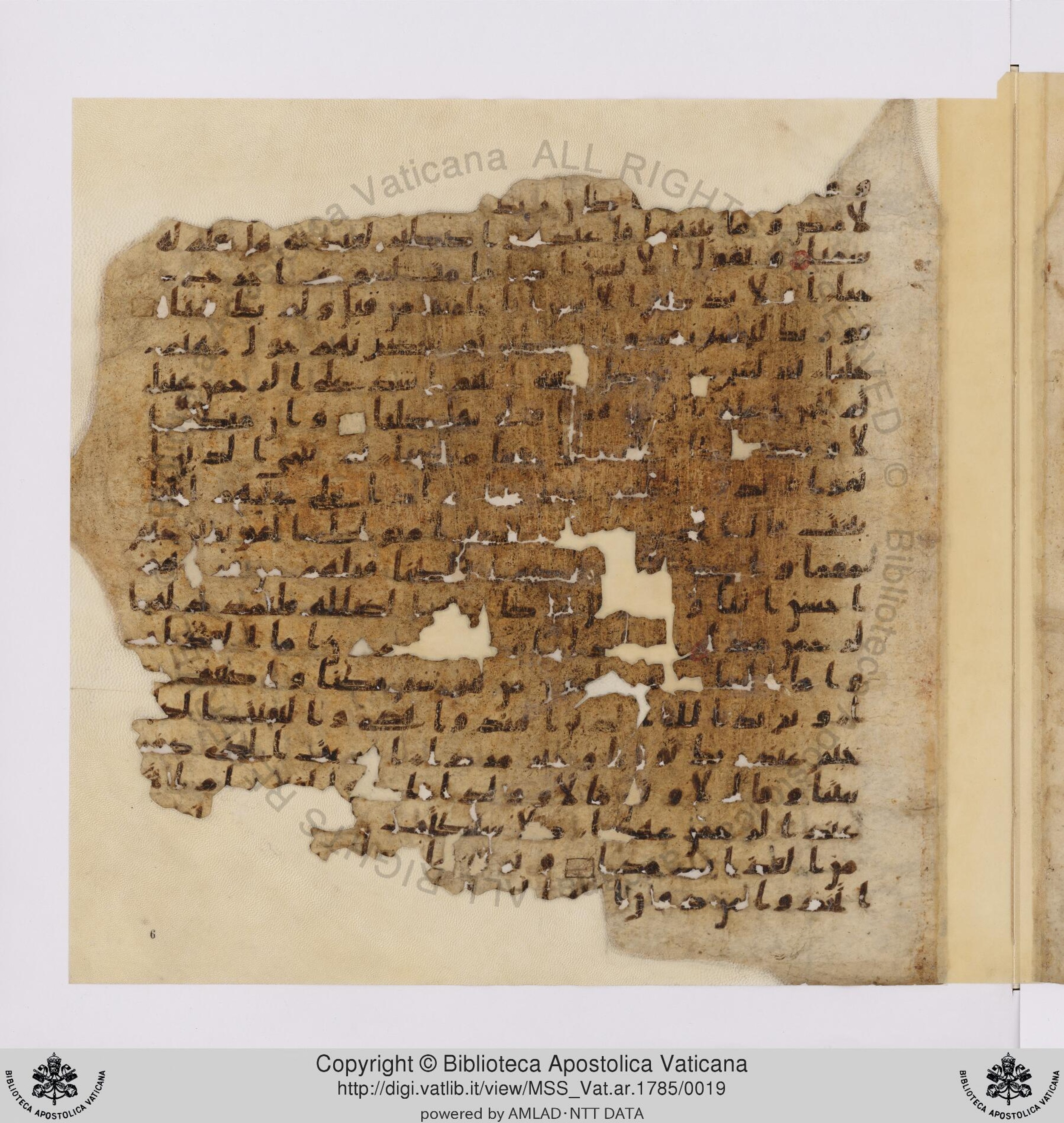 Vat. ar. 1785, in ḥiǧāzī IV, kūfī B.Ia script, showing Surah 19:76 from Mid to Late 7th Century AD found in Unknown, currently housed at Biblioteca Apostolica Vaticana, Rome