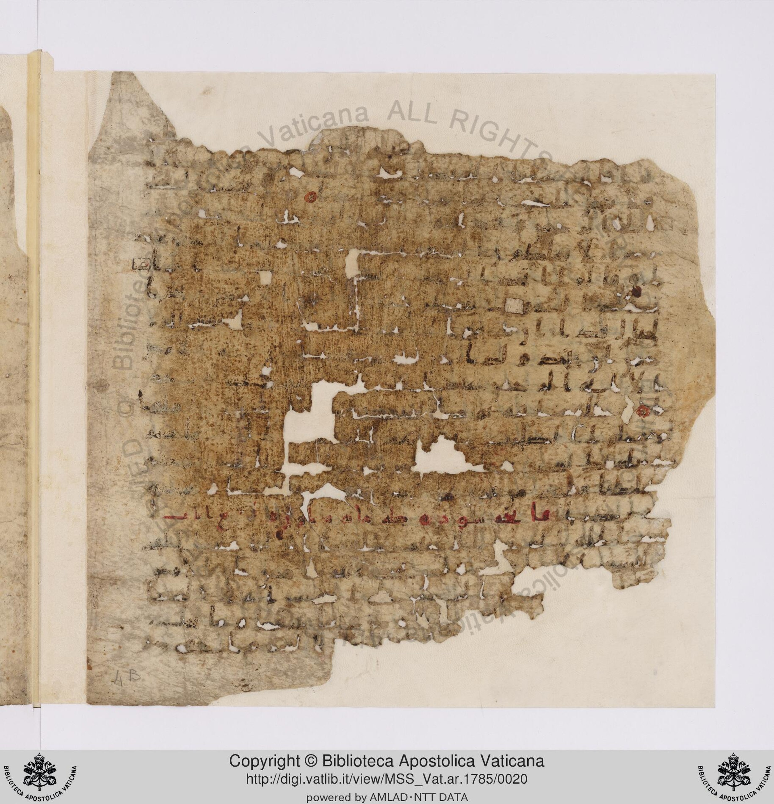 Vat. ar. 1785, in ḥiǧāzī IV, kūfī B.Ia script, showing Surah 20:2 from Mid to Late 7th Century AD found in Unknown, currently housed at Biblioteca Apostolica Vaticana, Rome