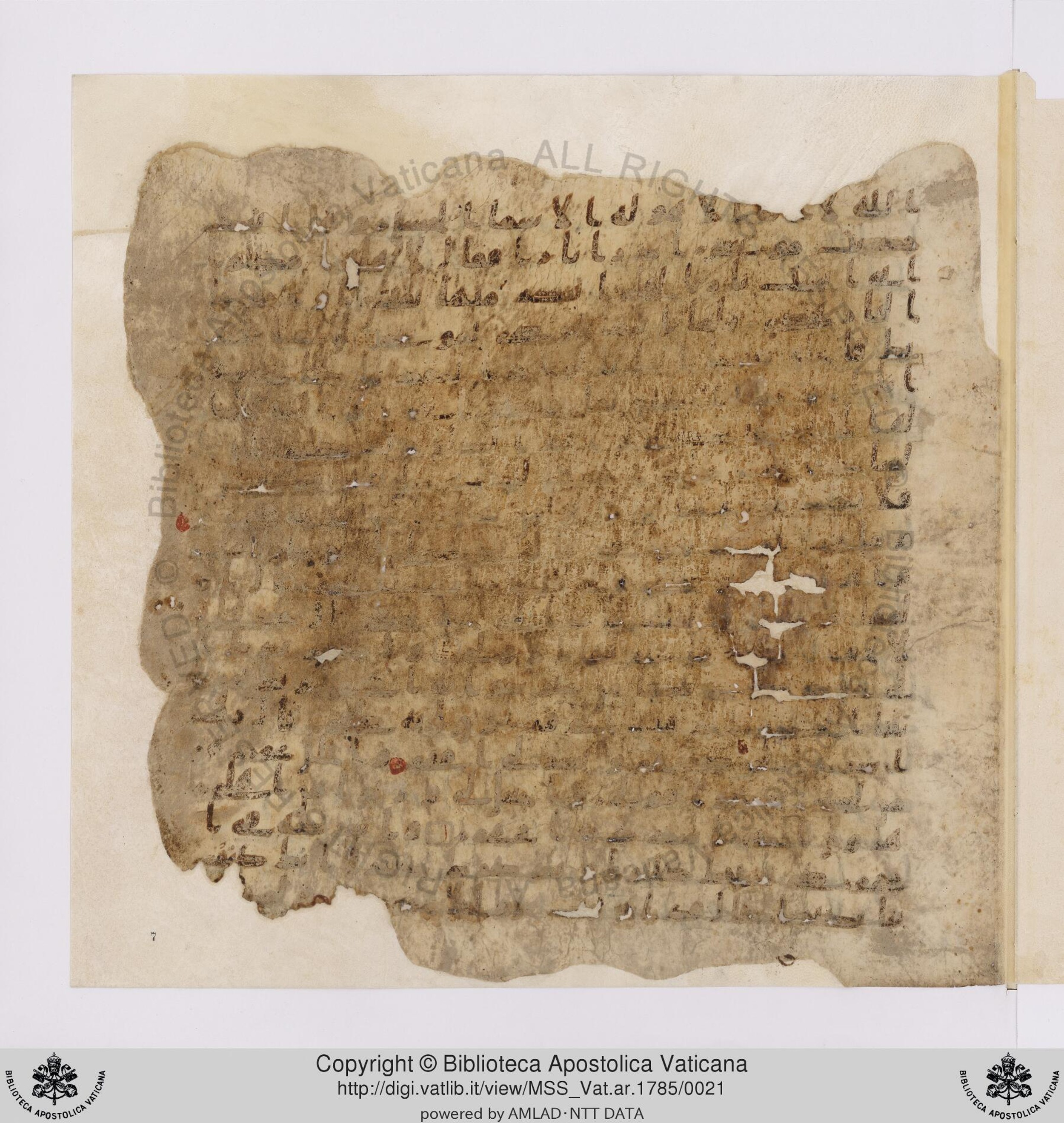 Vat. ar. 1785, in ḥiǧāzī IV, kūfī B.Ia script, showing Surah 20:21 from Mid to Late 7th Century AD found in Unknown, currently housed at Biblioteca Apostolica Vaticana, Rome