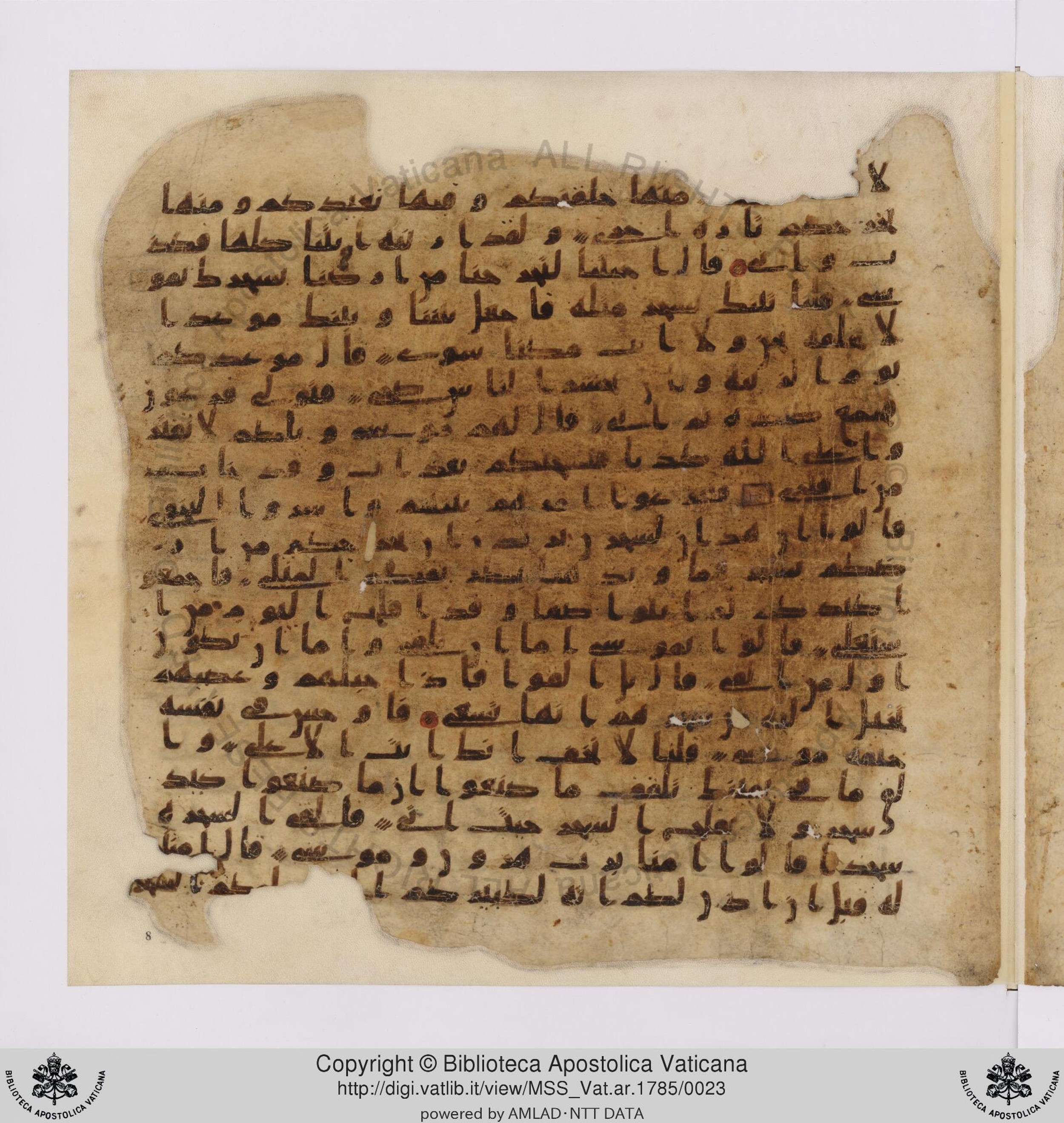 Vat. ar. 1785 (Scan 1), in ḥiǧāzī IV, kūfī B.Ia script, showing Surah 20:71 from Mid to Late 7th Century AD found in Unknown, currently housed at Biblioteca Apostolica Vaticana, Rome