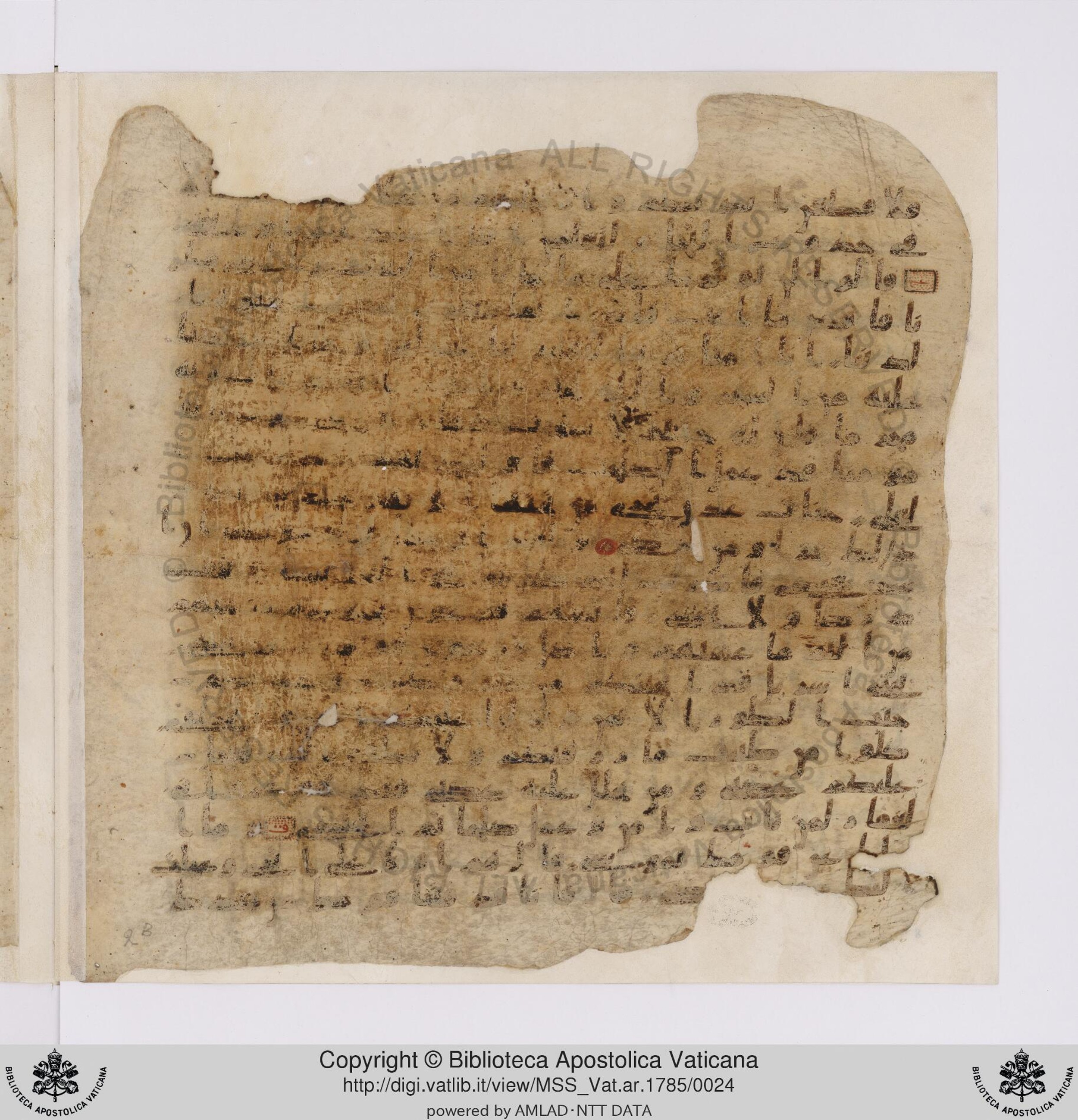 Vat. ar. 1785 (Scan 2), in ḥiǧāzī IV, kūfī B.Ia script, showing Surah 20:71 from Mid to Late 7th Century AD found in Unknown, currently housed at Biblioteca Apostolica Vaticana, Rome