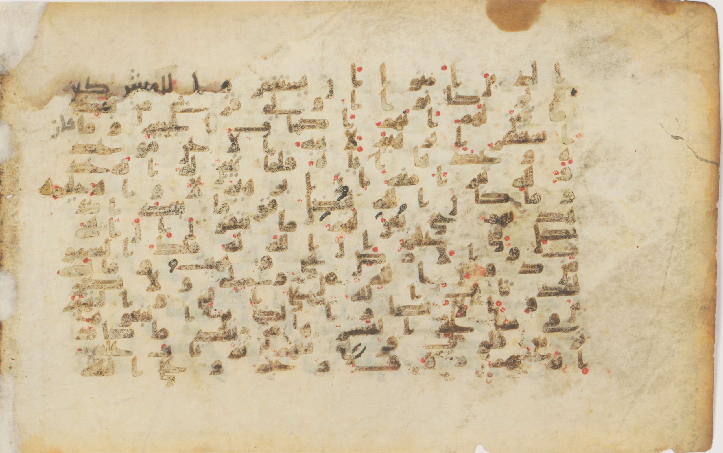 Berlin, Kunstbibliothek (Staatliche Museen zu Berlin), 1913,557 (Scan 2), in kūfī (type B II) script, showing Surah 9:113 from Early 8th to Mid 9th Century AD found in Unknown, currently housed at Kunstbibliothek (Staatliche Museen zu Berlin), Berlin