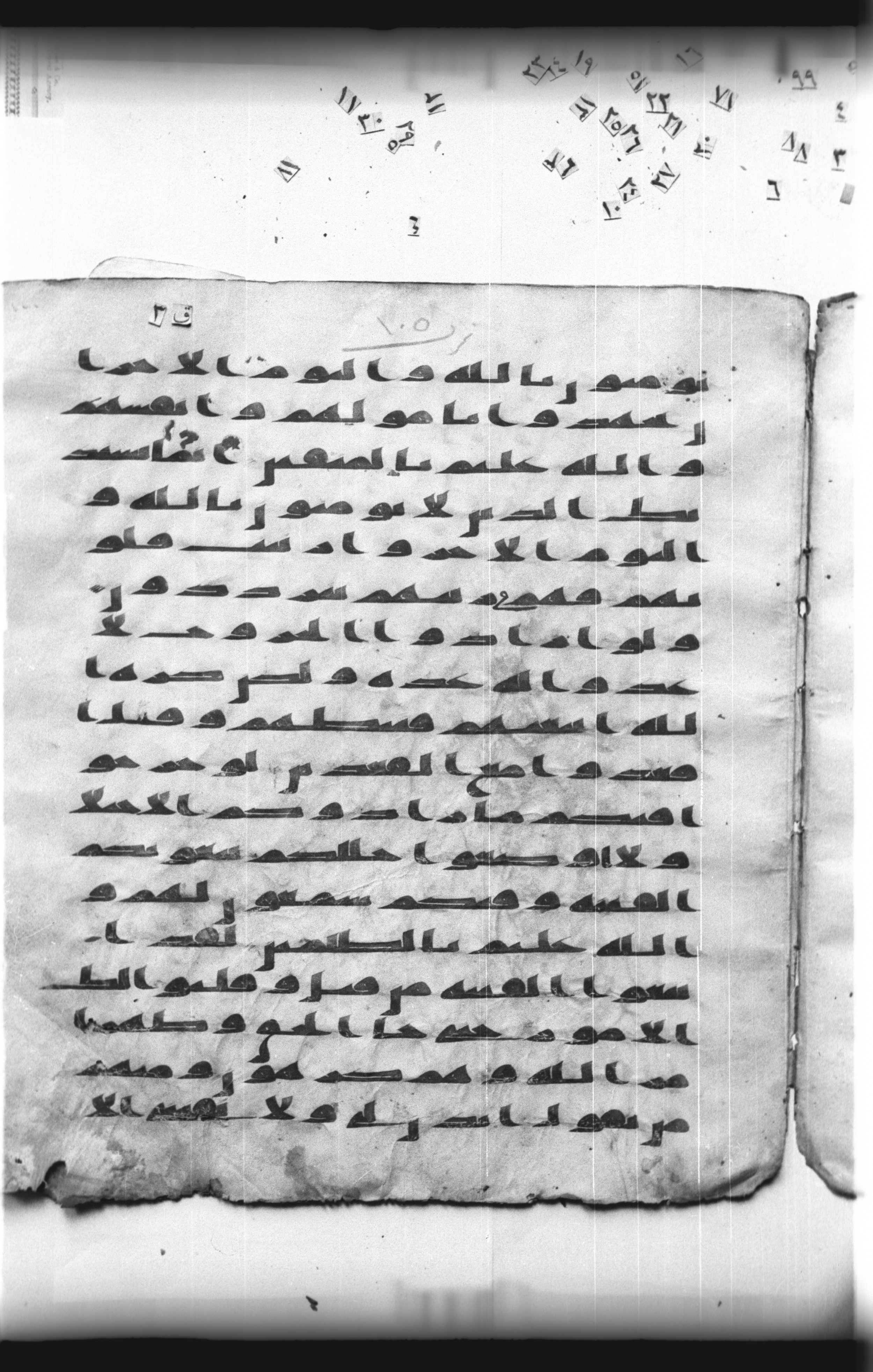 Cairo, Khedivial Library, "qāf 3" (Gotthelf Bergsträßer archives) [maṣāḥif 387] (Scan 1), in kūfī type C script, showing Surah 9:49 from 8th Century AD found in Egypt, currently housed at Egyptian National Library and Archives, Cairo