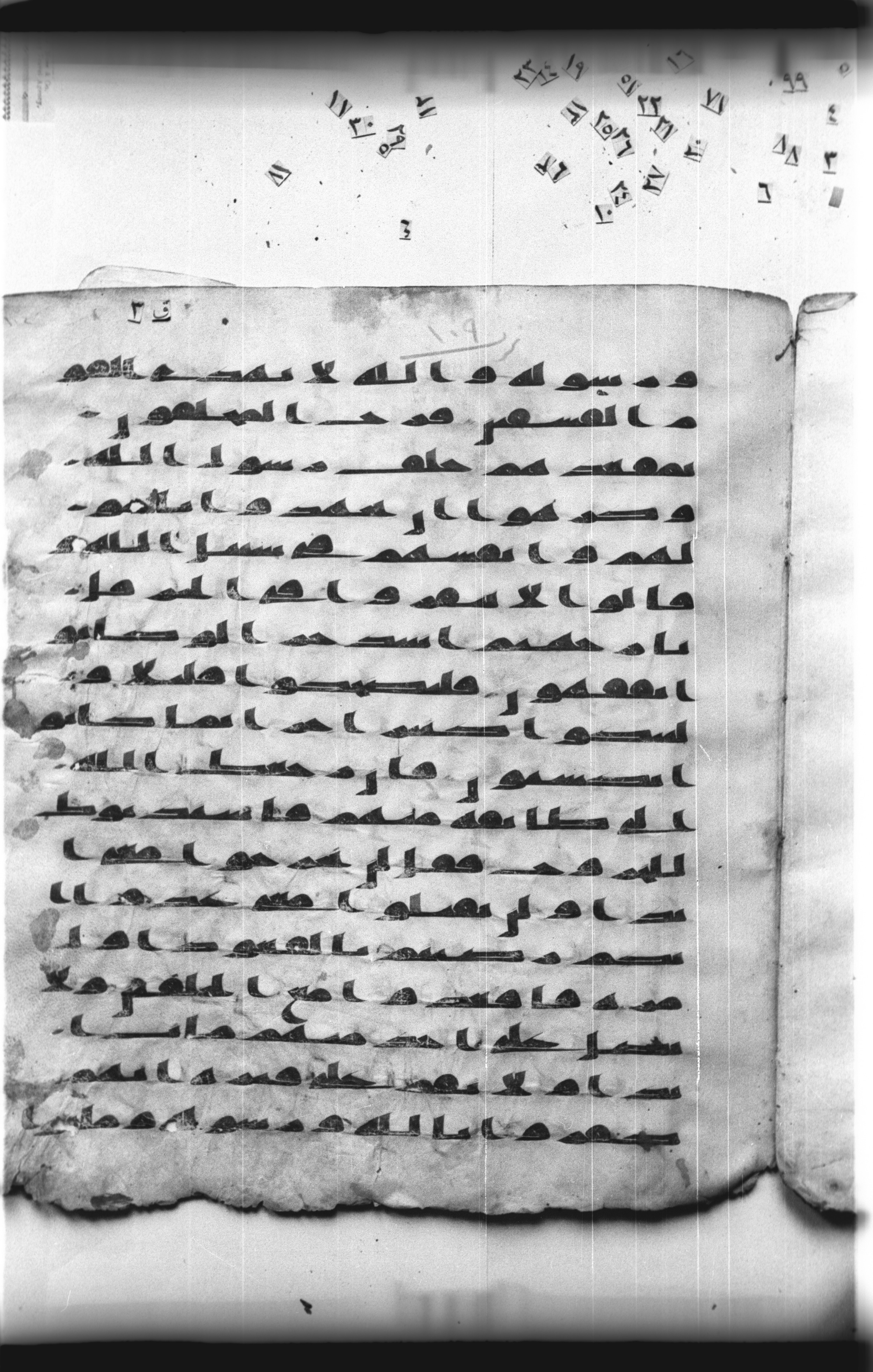 Cairo, Khedivial Library, "qāf 3" (Gotthelf Bergsträßer archives) [maṣāḥif 387], in kūfī type C script, showing Surah 9:83 from 8th Century AD found in Egypt, currently housed at Egyptian National Library and Archives, Cairo