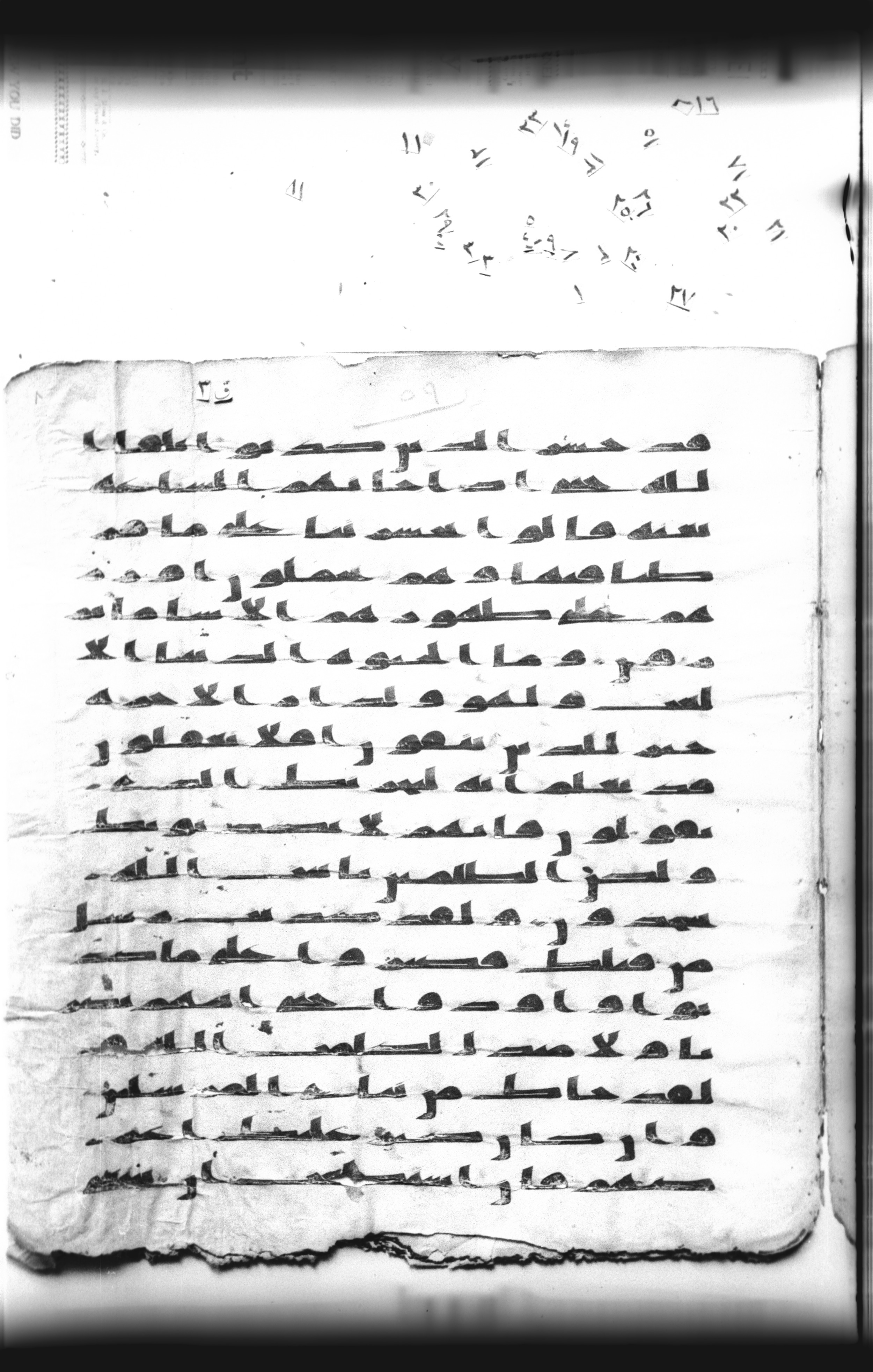 Cairo, Khedivial Library, "qāf 3" (Gotthelf Bergsträßer archives) [maṣāḥif 387], in kūfī type C script, showing Surah 6:33 from 8th Century AD found in Egypt, currently housed at Egyptian National Library and Archives, Cairo