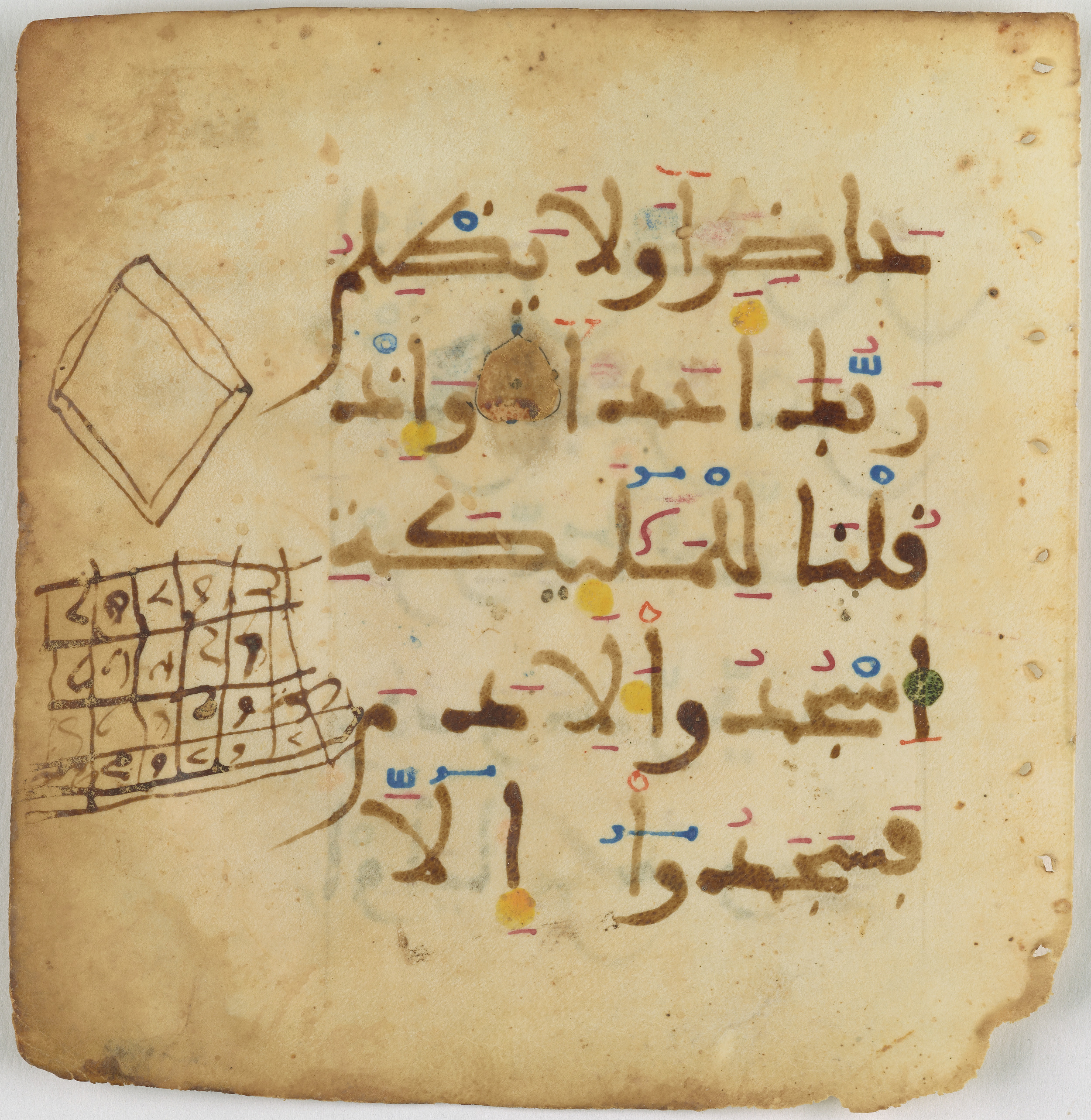 Qatar National Library, HC.MS.03094 (Scan 1), in Large Maġribī mabsūṭ script, showing Surah 18:49 from 14th Century AD found in Northwest Africa (Maghreb) or Muslim Iberia (al-Andalus), currently housed at Qatar National Library, Heritage Library, Doha