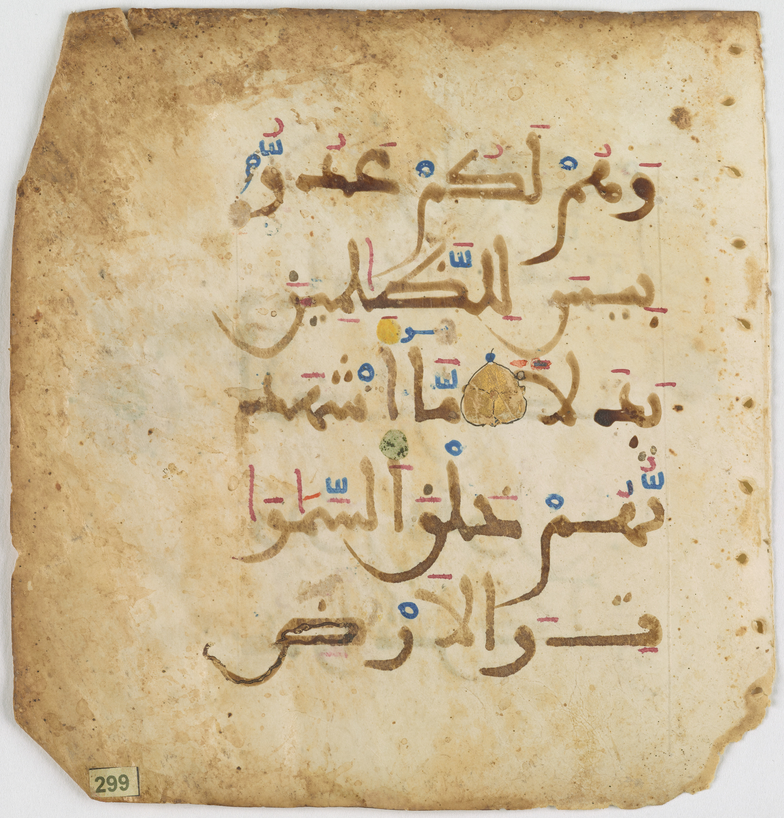 Qatar National Library, HC.MS.03094 (Scan 2), in Large Maġribī mabsūṭ script, showing Surah 18:50 from 14th Century AD found in Northwest Africa (Maghreb) or Muslim Iberia (al-Andalus), currently housed at Qatar National Library, Heritage Library, Doha