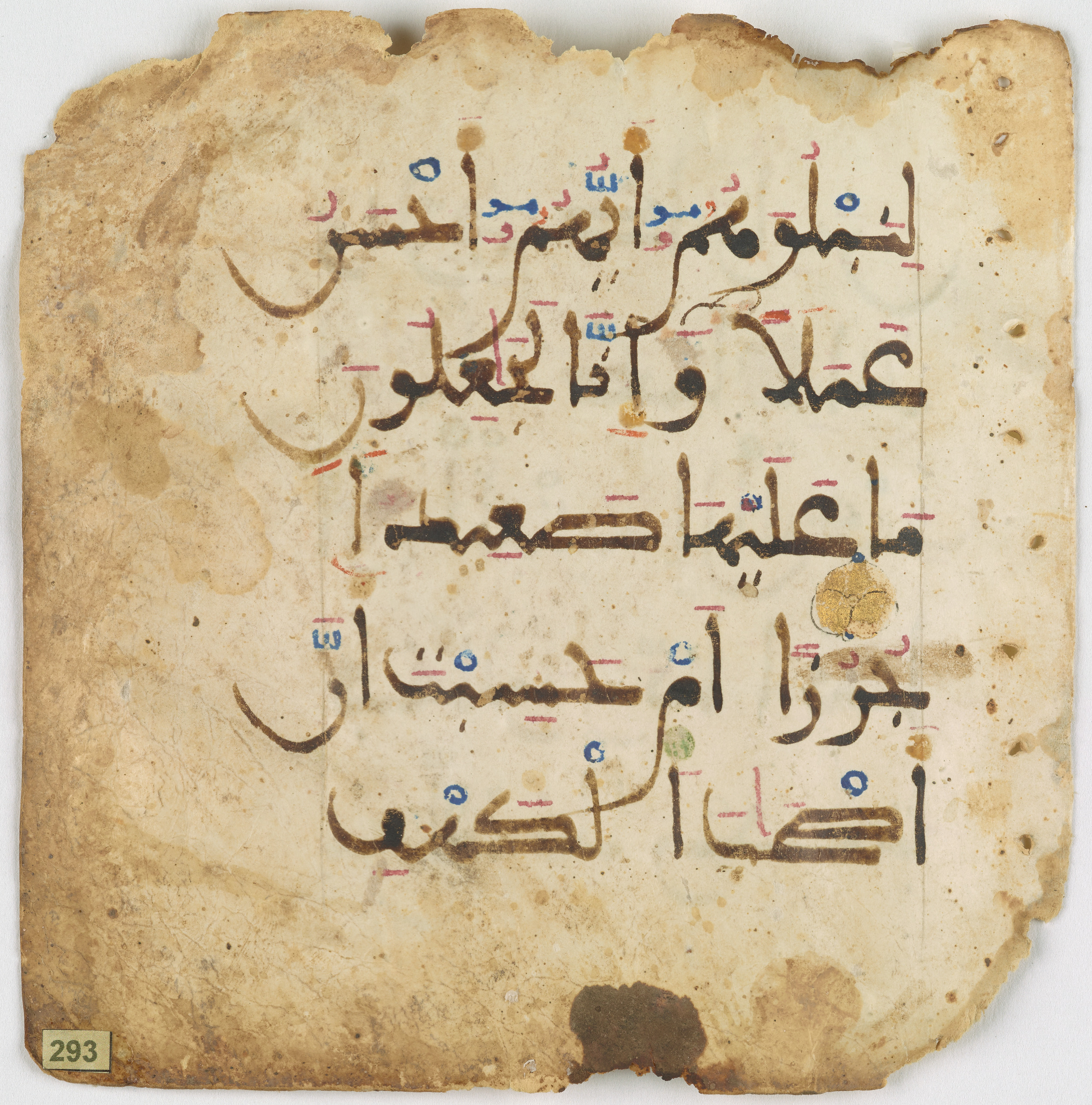 Qatar National Library, HC.MS.03094 (Scan 1), in Large Maġribī mabsūṭ script, showing Surah 18:7 from 14th Century AD found in Northwest Africa (Maghreb) or Muslim Iberia (al-Andalus), currently housed at Qatar National Library, Heritage Library, Doha