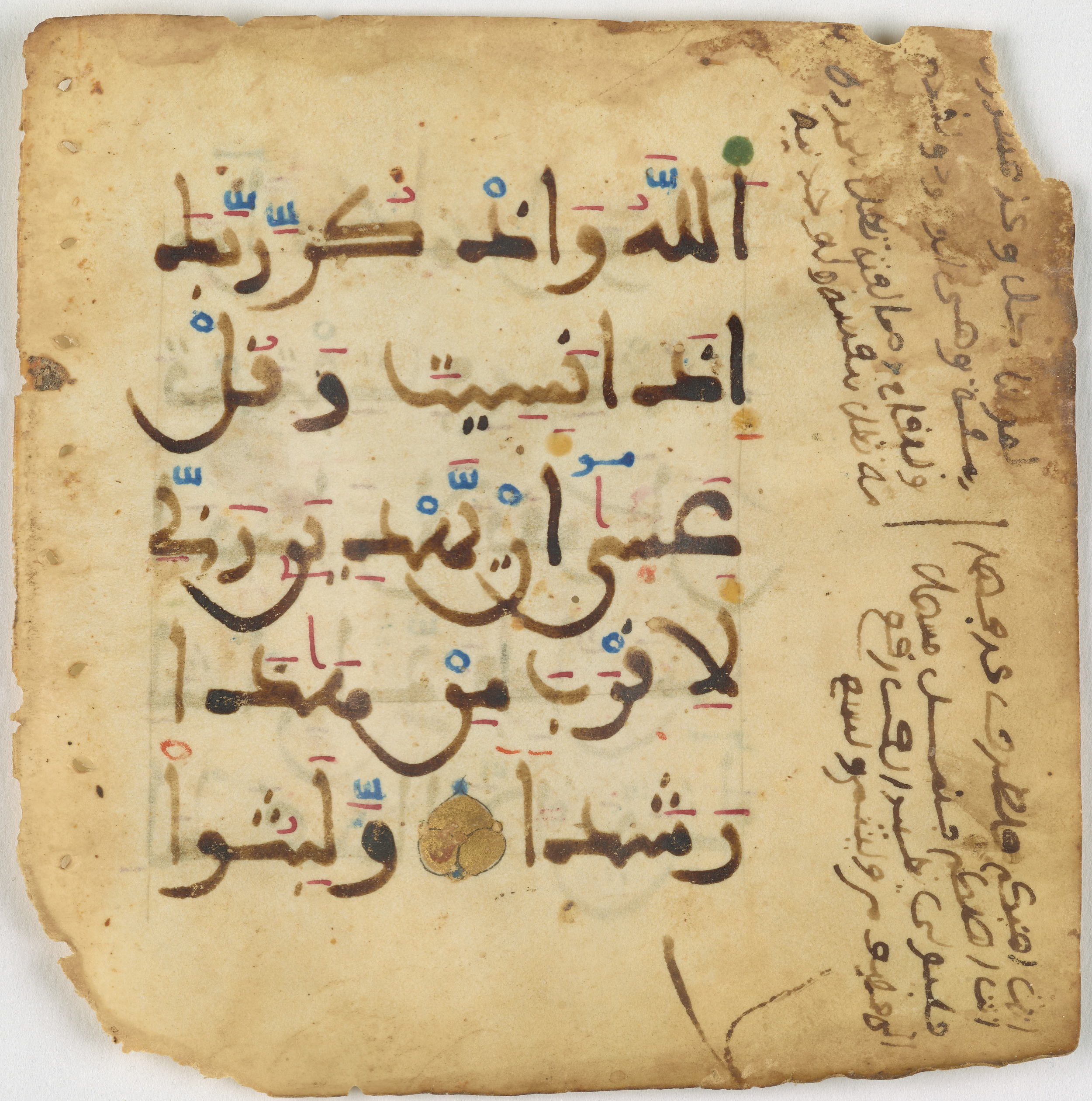 Qatar National Library, HC.MS.03094, in Large Maġribī mabsūṭ script, showing Surah 18:25 from 14th Century AD found in Northwest Africa (Maghreb) or Muslim Iberia (al-Andalus), currently housed at Qatar National Library, Heritage Library, Doha