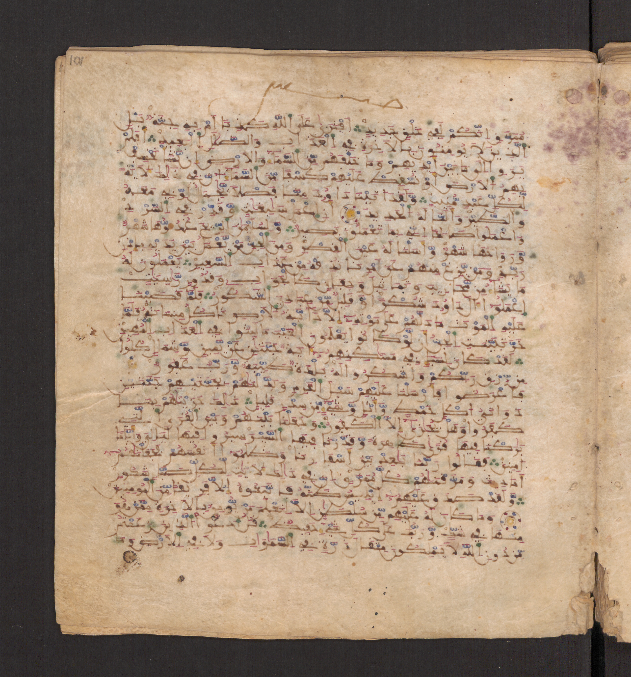 Doha, Qatar National Library, HC.MS.00715 (Scan 2), in Maġribī micrography script, showing Surah 34:7 from 11th to 12th Century AD found in Muslim Iberia (al-Andalus), currently housed at Qatar National Library, Doha