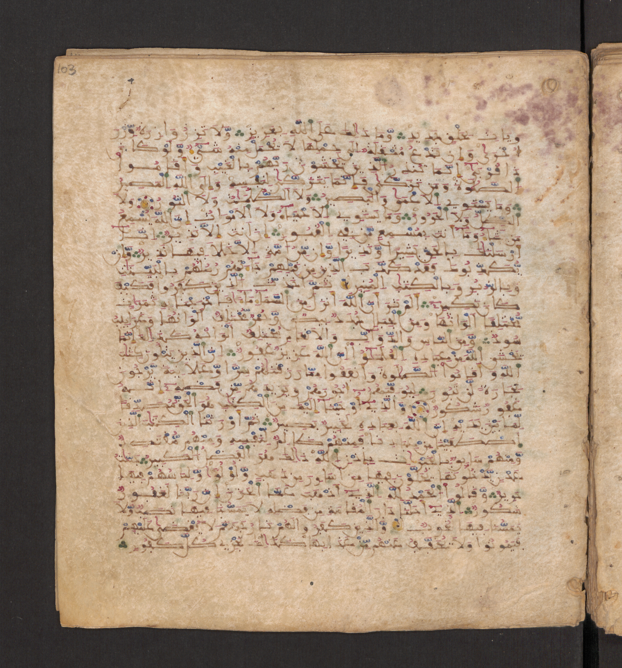 Doha, Qatar National Library, HC.MS.00715, in Maġribī micrography script, showing Surah 35:21 from 11th to 12th Century AD found in Muslim Iberia (al-Andalus), currently housed at Qatar National Library, Doha