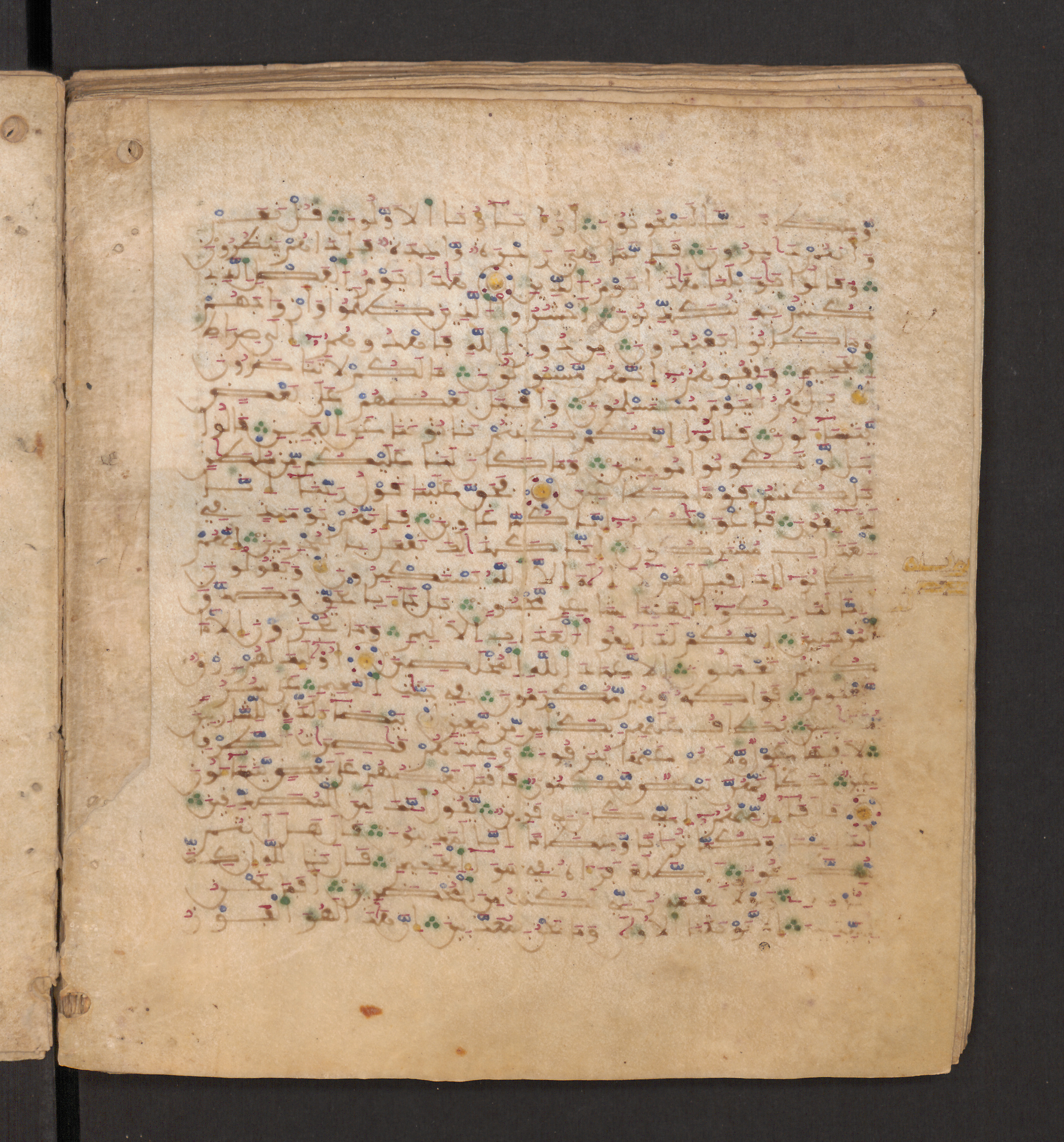 Doha, Qatar National Library, HC.MS.00715, in Maġribī micrography script, showing Surah 37:49 from 11th to 12th Century AD found in Muslim Iberia (al-Andalus), currently housed at Qatar National Library, Doha