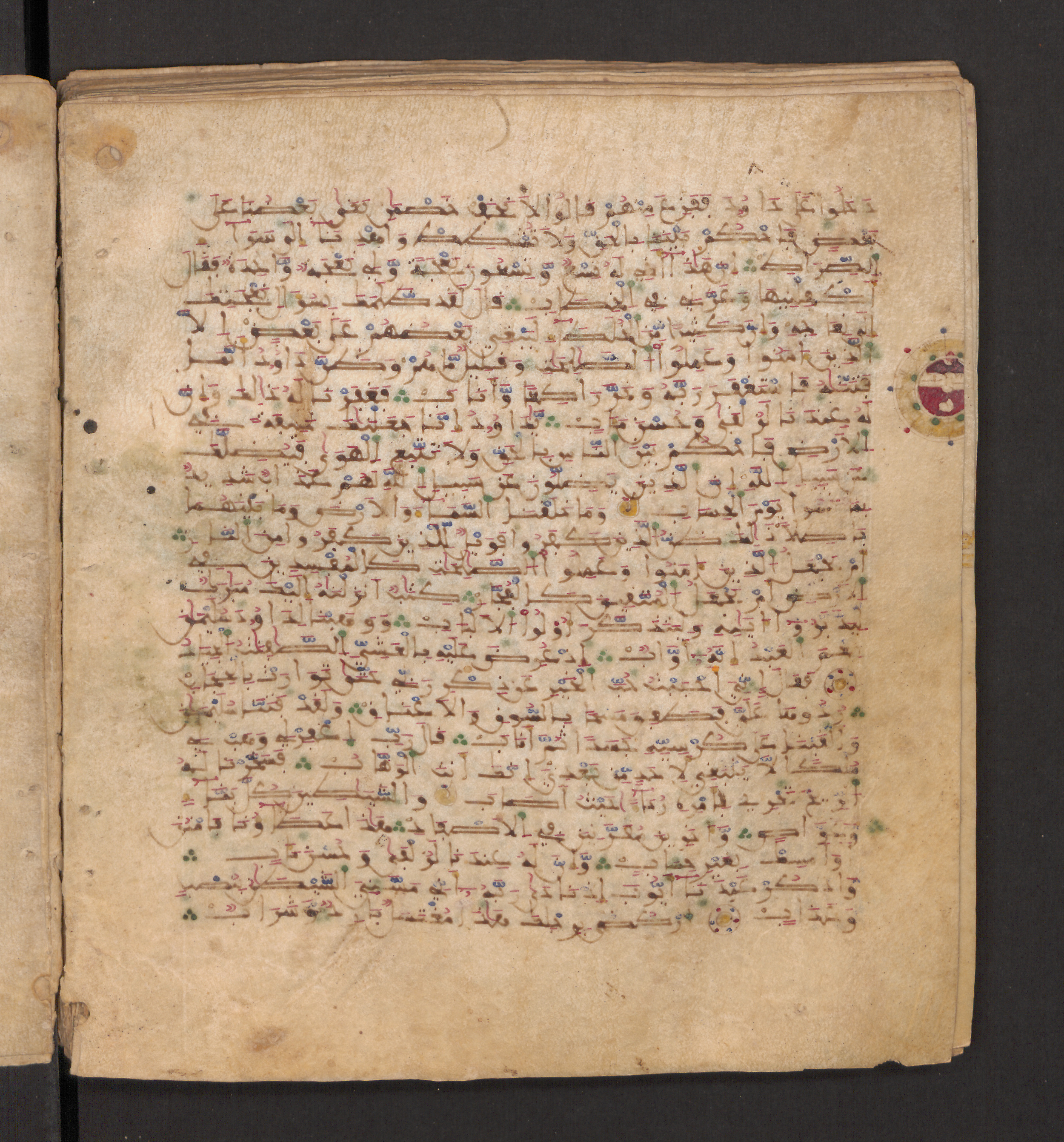 Doha, Qatar National Library, HC.MS.00715, in Maġribī micrography script, showing Surah 38:39 from 11th to 12th Century AD found in Muslim Iberia (al-Andalus), currently housed at Qatar National Library, Doha