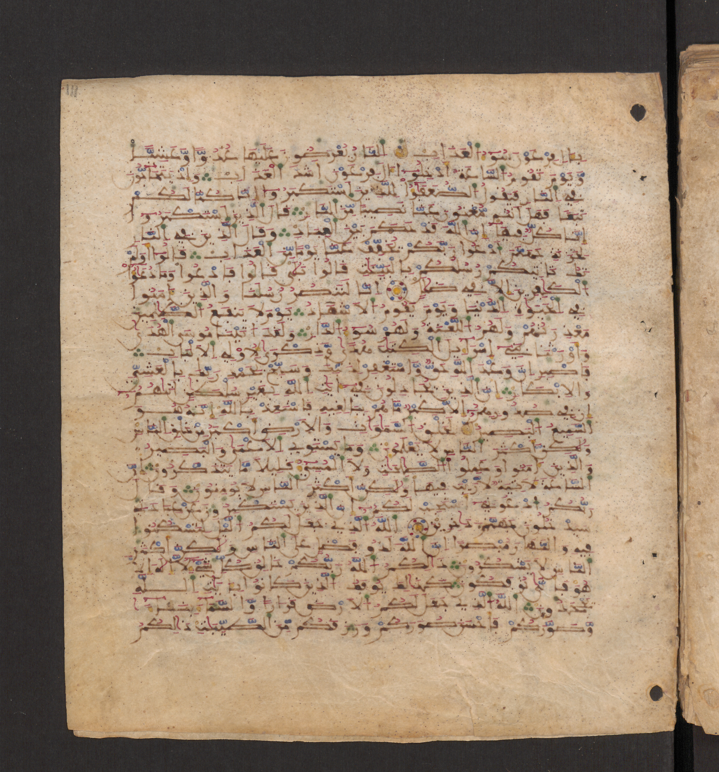 Doha, Qatar National Library, HC.MS.00715, in Maġribī micrography script, showing Surah 40:49 from 11th to 12th Century AD found in Muslim Iberia (al-Andalus), currently housed at Qatar National Library, Doha