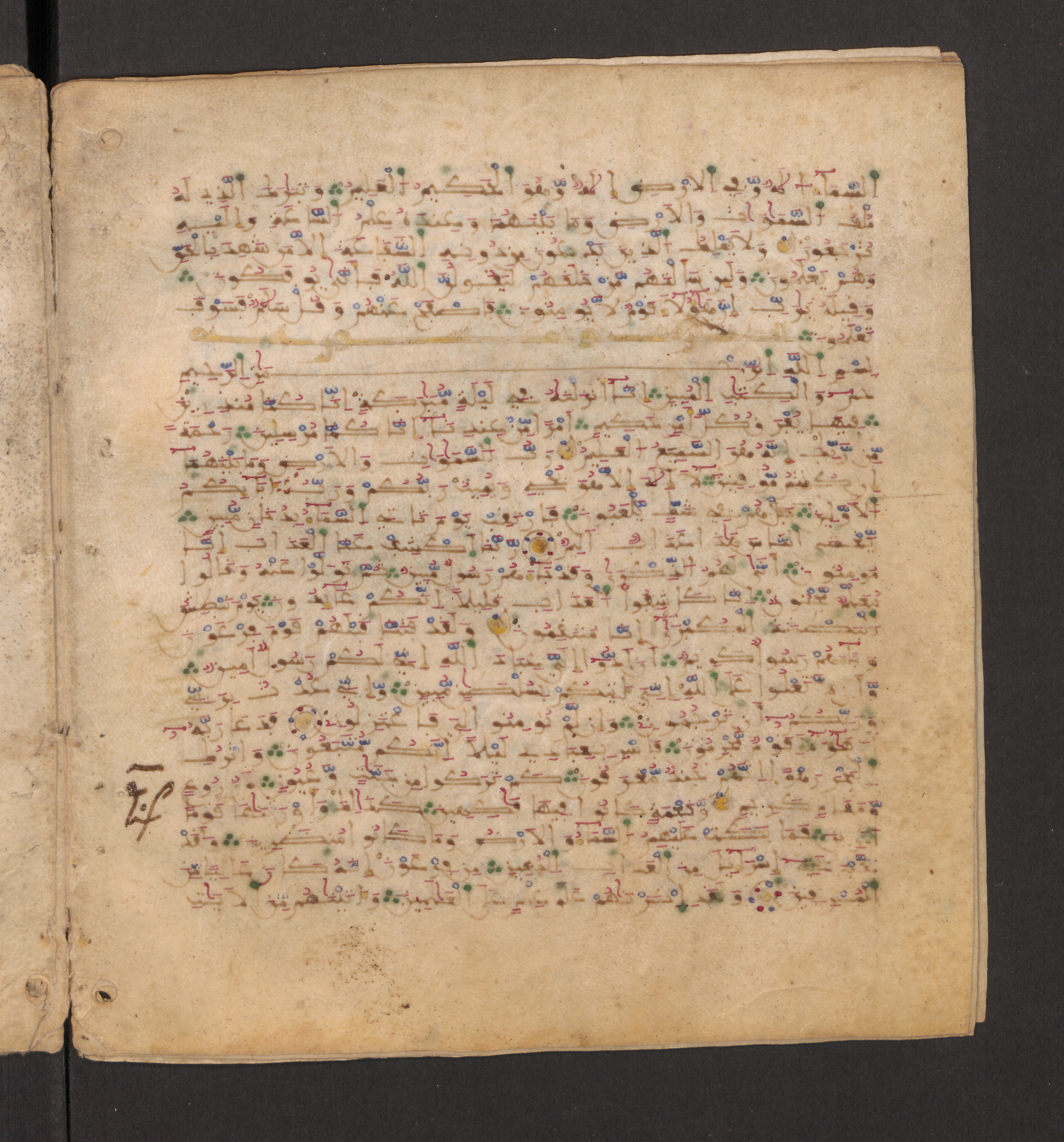Doha, Qatar National Library, HC.MS.00715, in Maġribī micrography script, showing Surah 44:21 from 11th to 12th Century AD found in Muslim Iberia (al-Andalus), currently housed at Qatar National Library, Doha