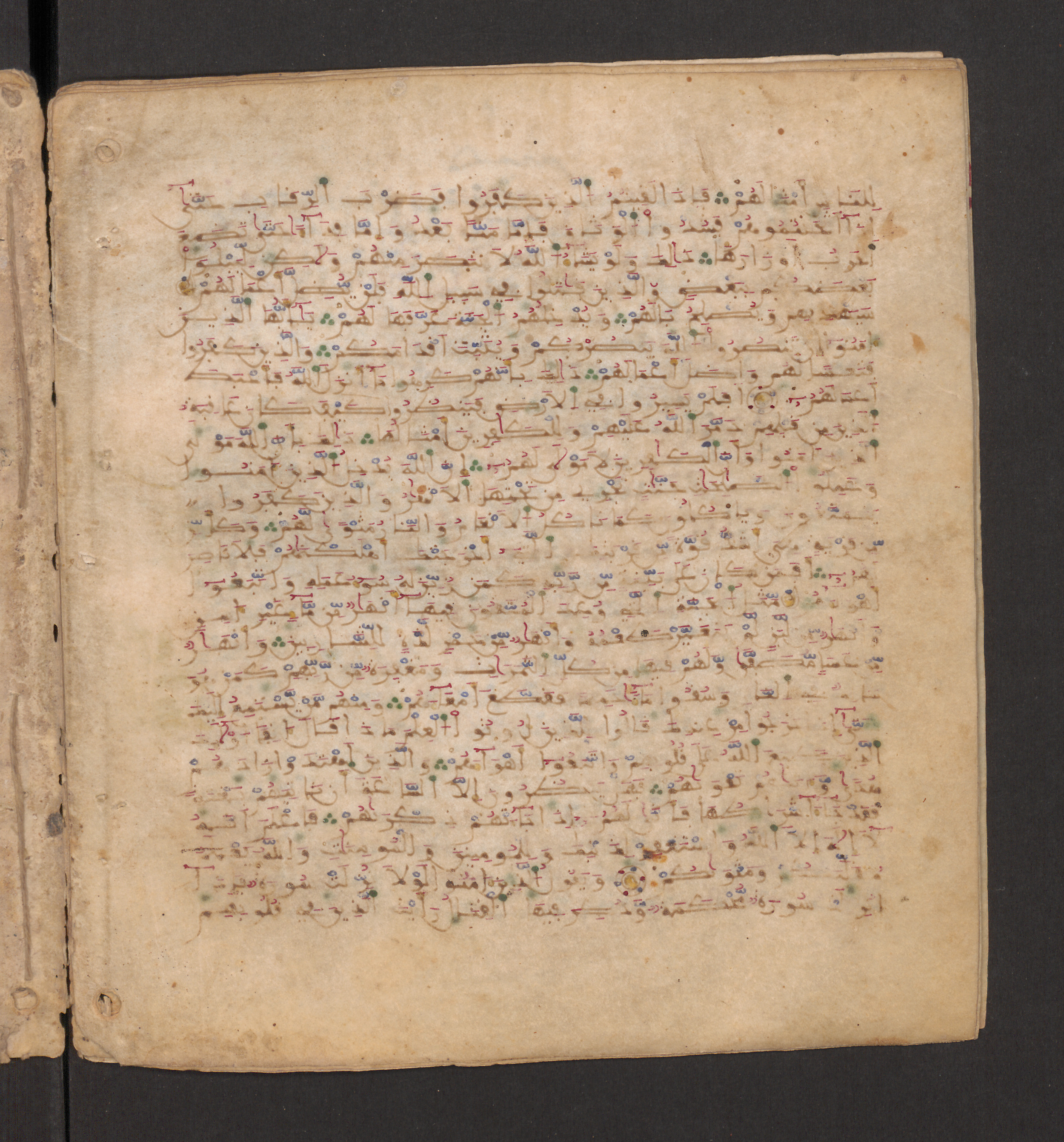 Doha, Qatar National Library, HC.MS.00715, in Maġribī micrography script, showing Surah 47:13 from 11th to 12th Century AD found in Muslim Iberia (al-Andalus), currently housed at Qatar National Library, Doha
