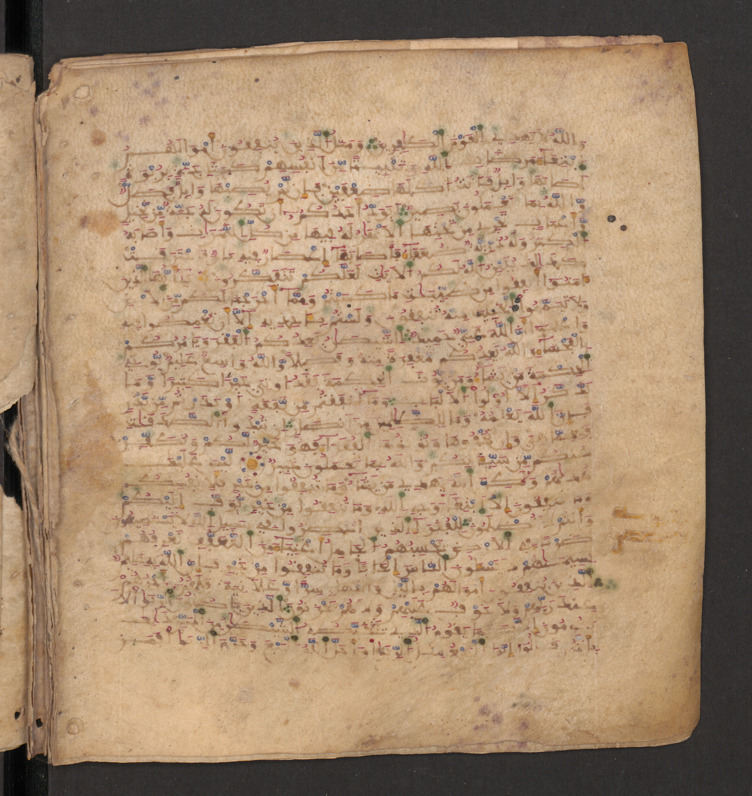 Doha, Qatar National Library, HC.MS.00715, in Maġribī micrography script, showing Surah 2:271 from 11th to 12th Century AD found in Muslim Iberia (al-Andalus), currently housed at Qatar National Library, Doha