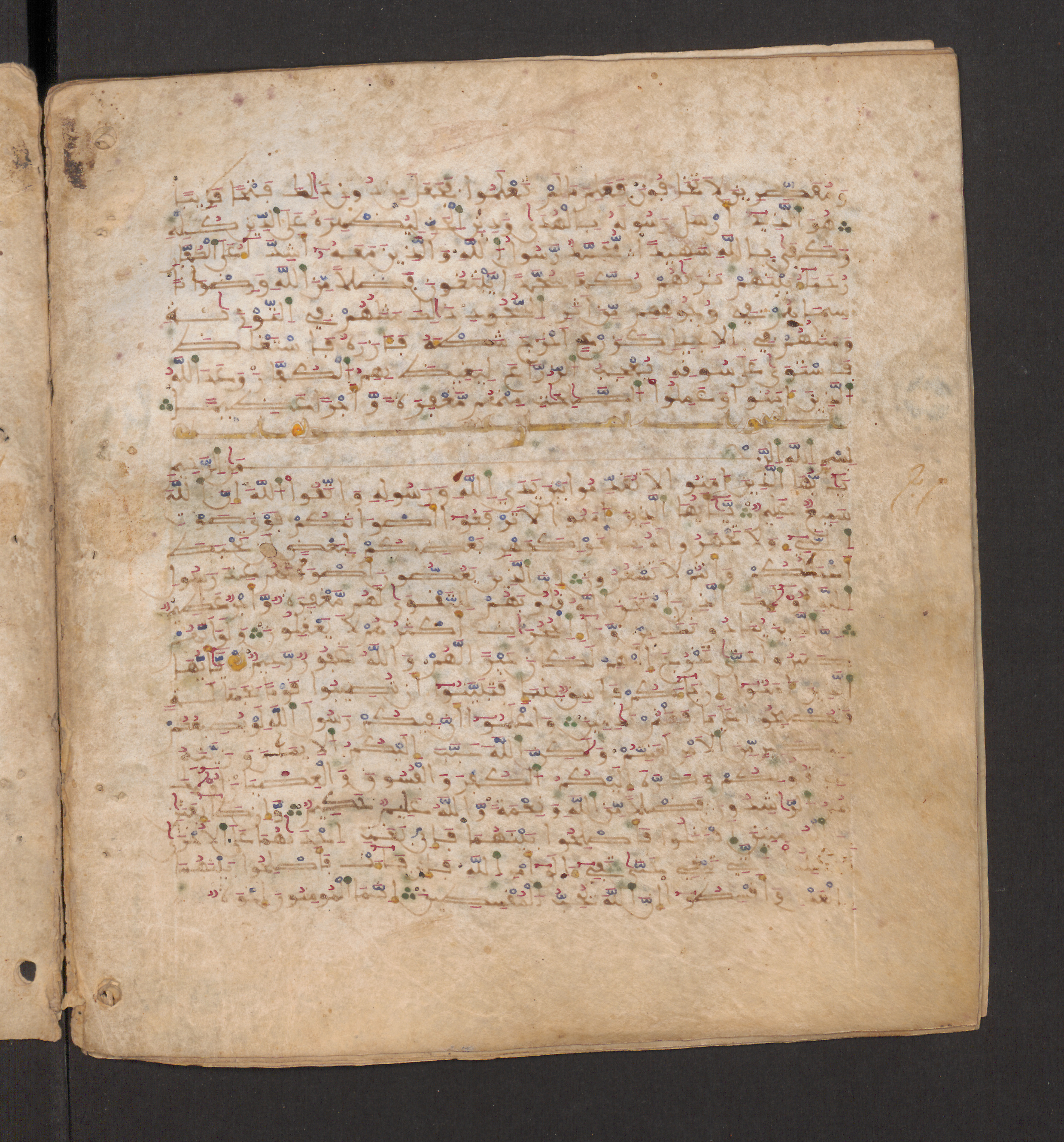 Doha, Qatar National Library, HC.MS.00715, in Maġribī micrography script, showing Surah 49:2 from 11th to 12th Century AD found in Muslim Iberia (al-Andalus), currently housed at Qatar National Library, Doha