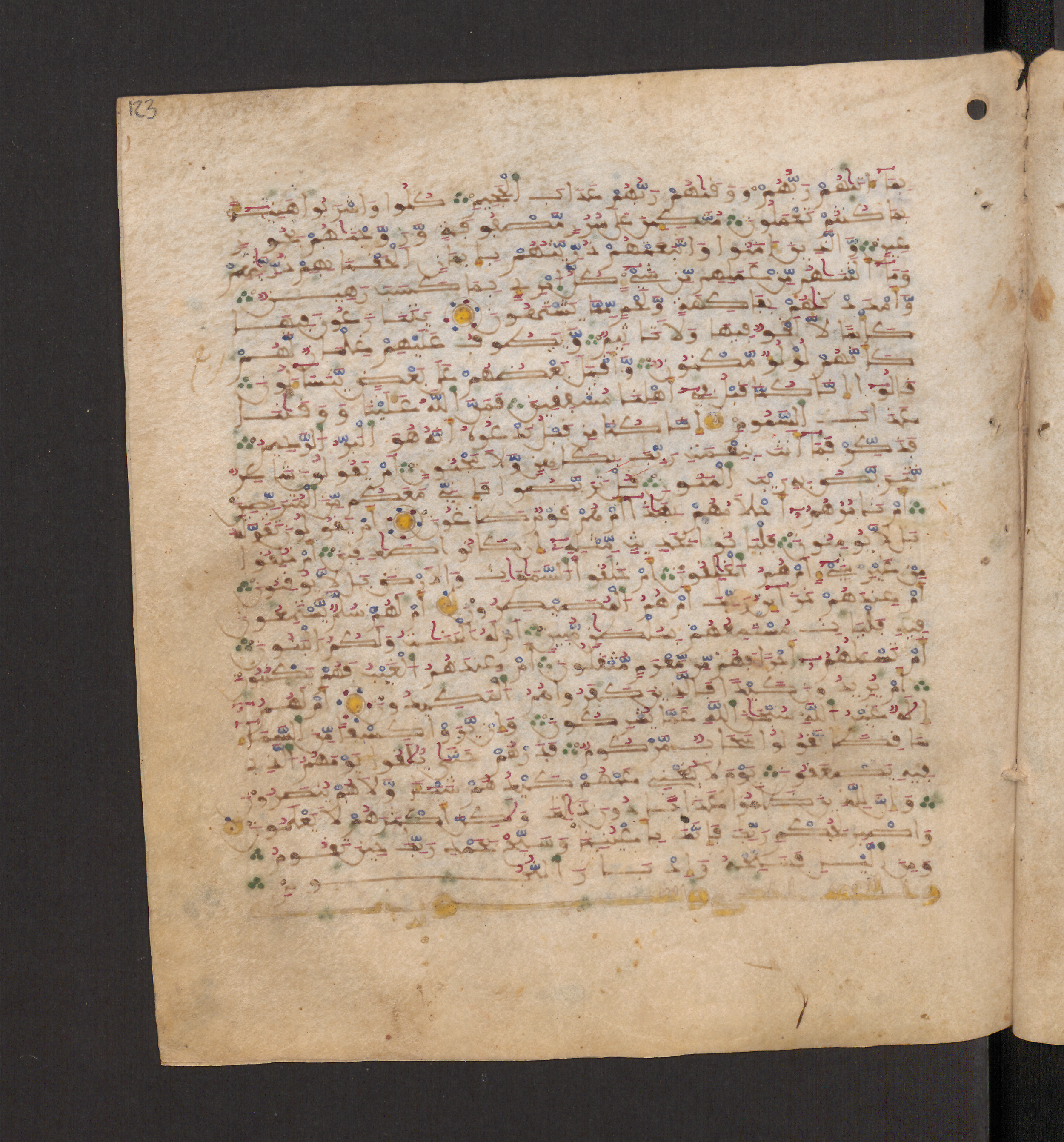 Doha, Qatar National Library, HC.MS.00715, in Maġribī micrography script, showing Surah 52:21 from 11th to 12th Century AD found in Muslim Iberia (al-Andalus), currently housed at Qatar National Library, Doha