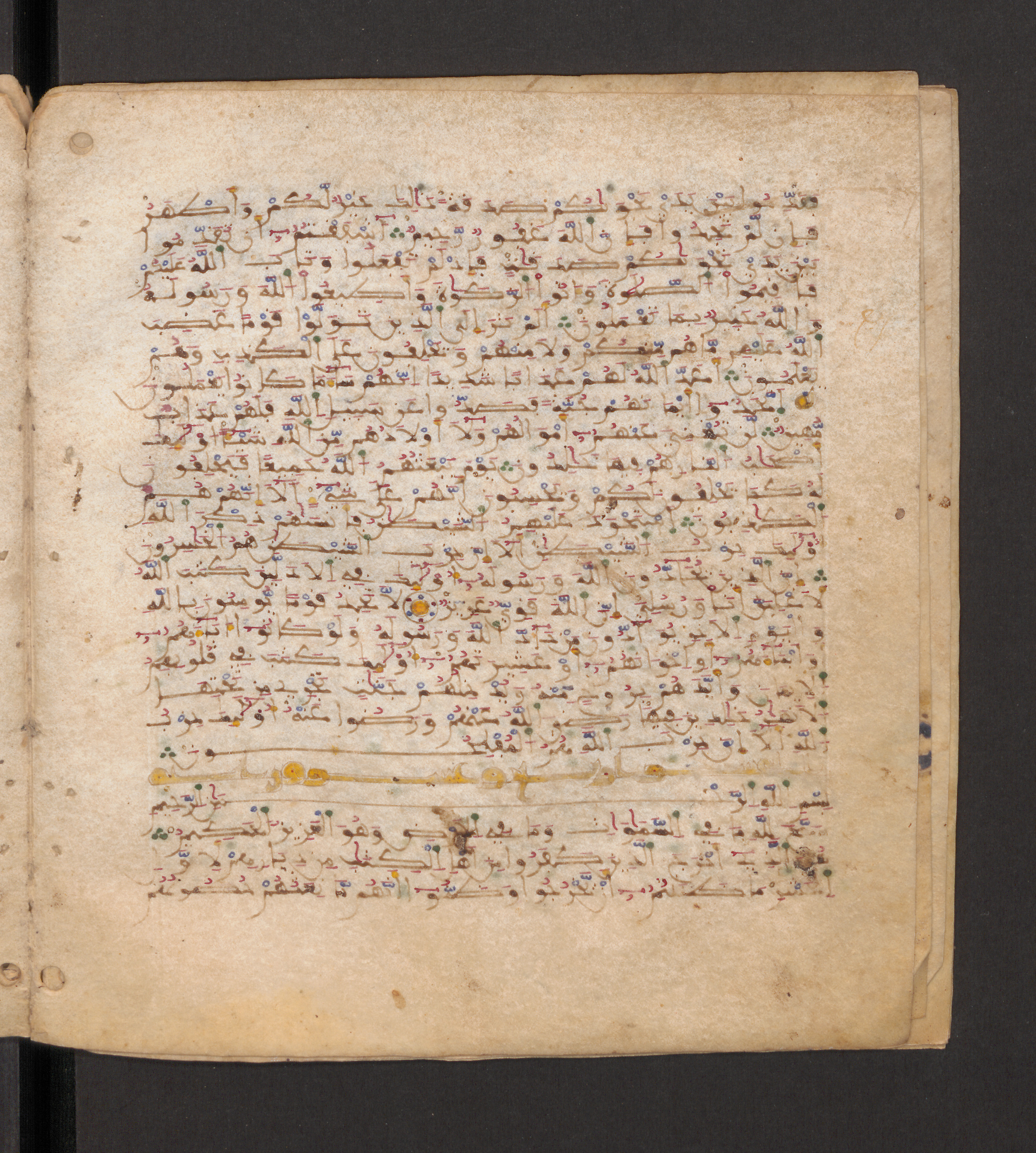 Doha, Qatar National Library, HC.MS.00715, in Maġribī micrography script, showing Surah 58:22 from 11th to 12th Century AD found in Muslim Iberia (al-Andalus), currently housed at Qatar National Library, Doha