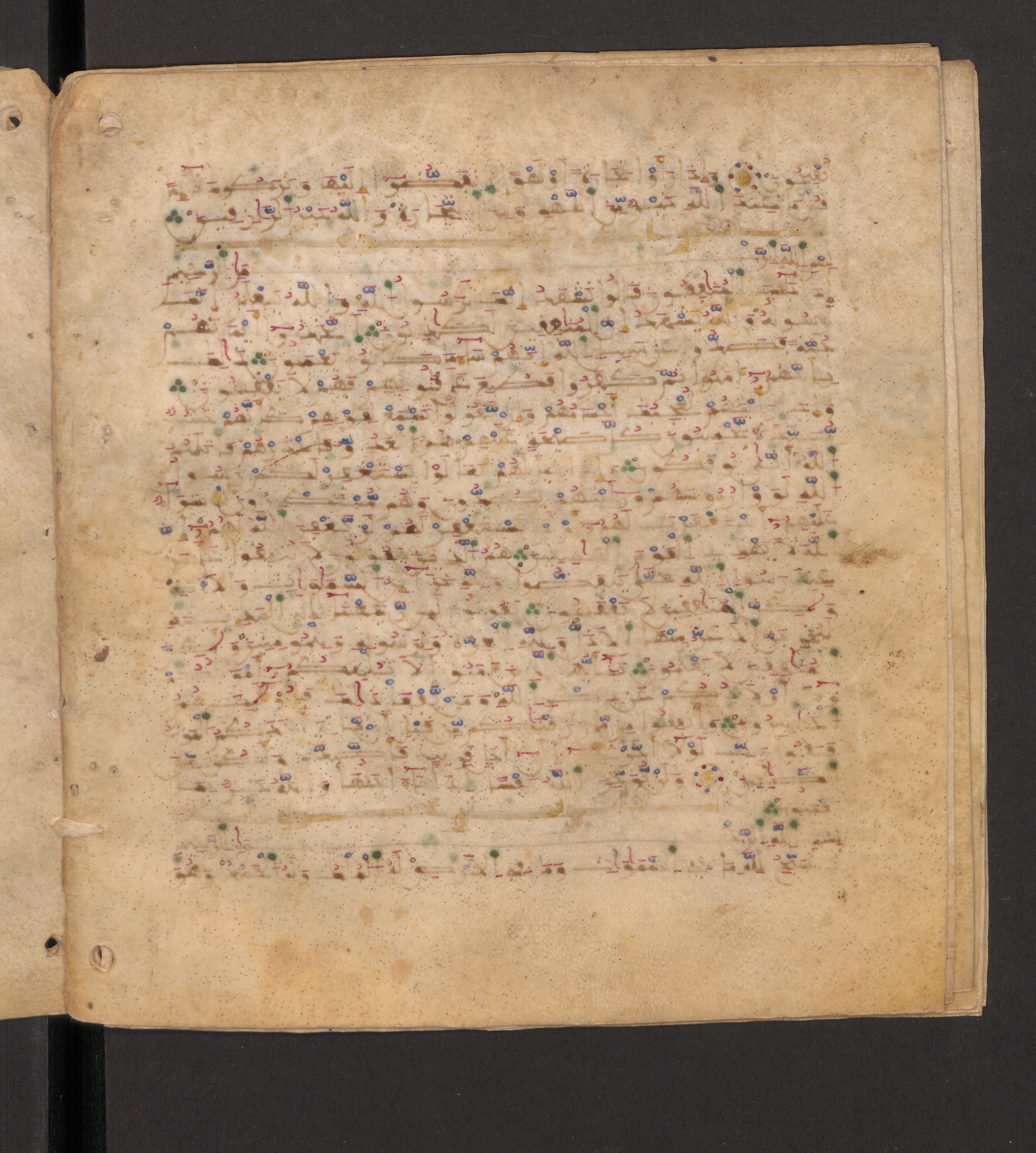 Doha, Qatar National Library, HC.MS.00715, in Maġribī micrography script, showing Surah 63:2 from 11th to 12th Century AD found in Muslim Iberia (al-Andalus), currently housed at Qatar National Library, Doha