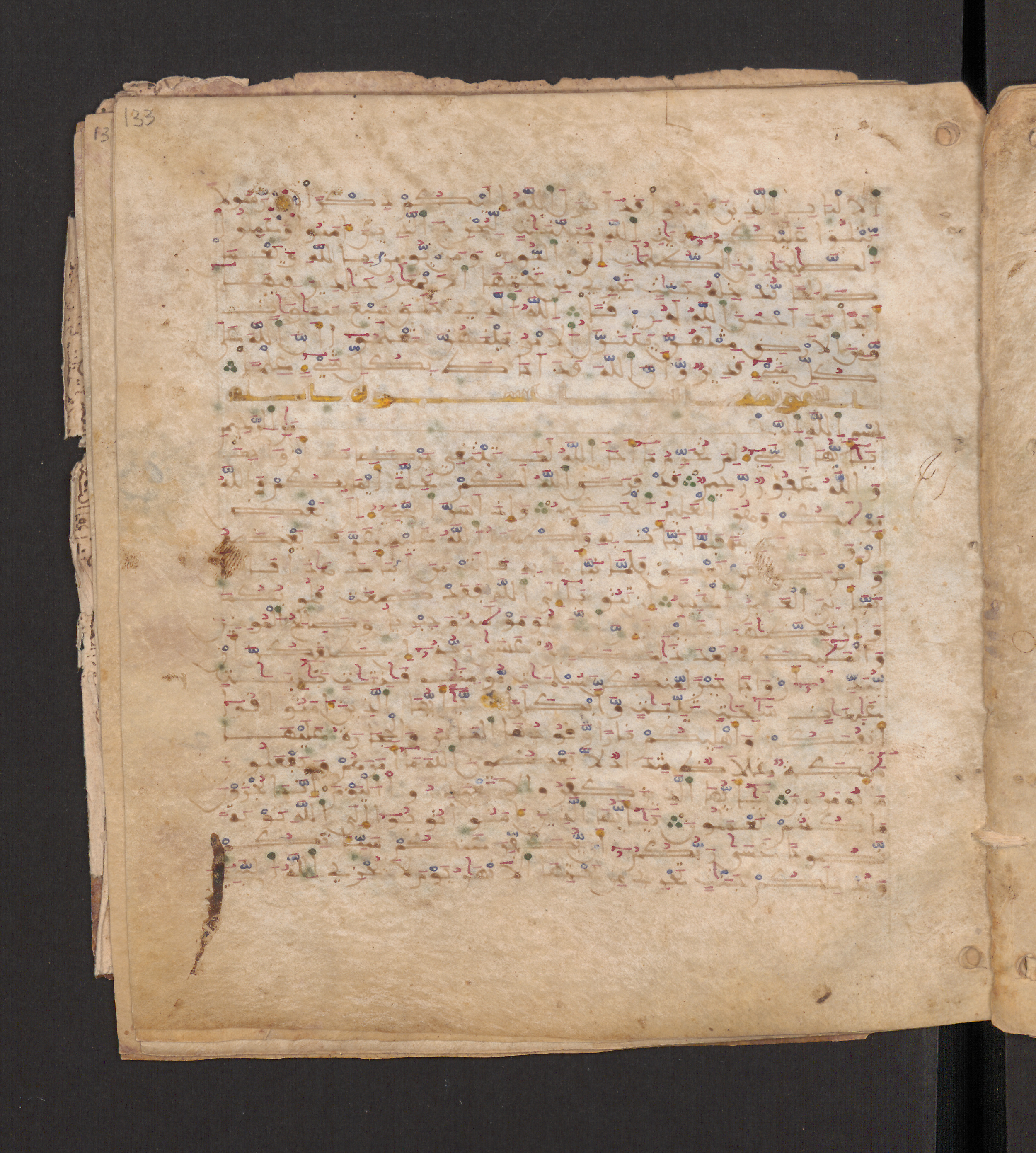 Doha, Qatar National Library, HC.MS.00715 (Scan 2), in Maġribī micrography script, showing Surah 65:10 from 11th to 12th Century AD found in Muslim Iberia (al-Andalus), currently housed at Qatar National Library, Doha