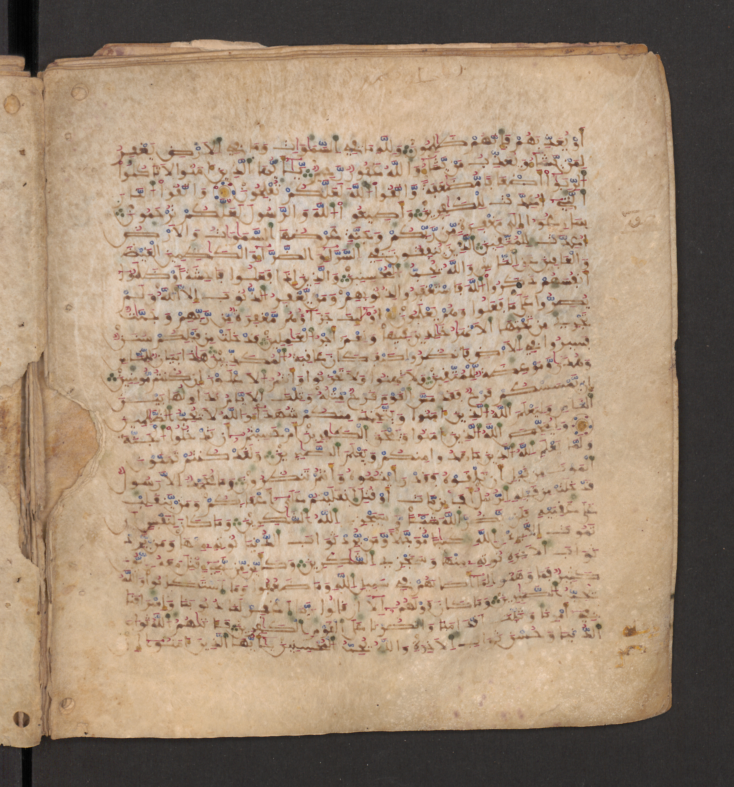 Doha, Qatar National Library, HC.MS.00715, in Maġribī micrography script, showing Surah 3:136 from 11th to 12th Century AD found in Muslim Iberia (al-Andalus), currently housed at Qatar National Library, Doha