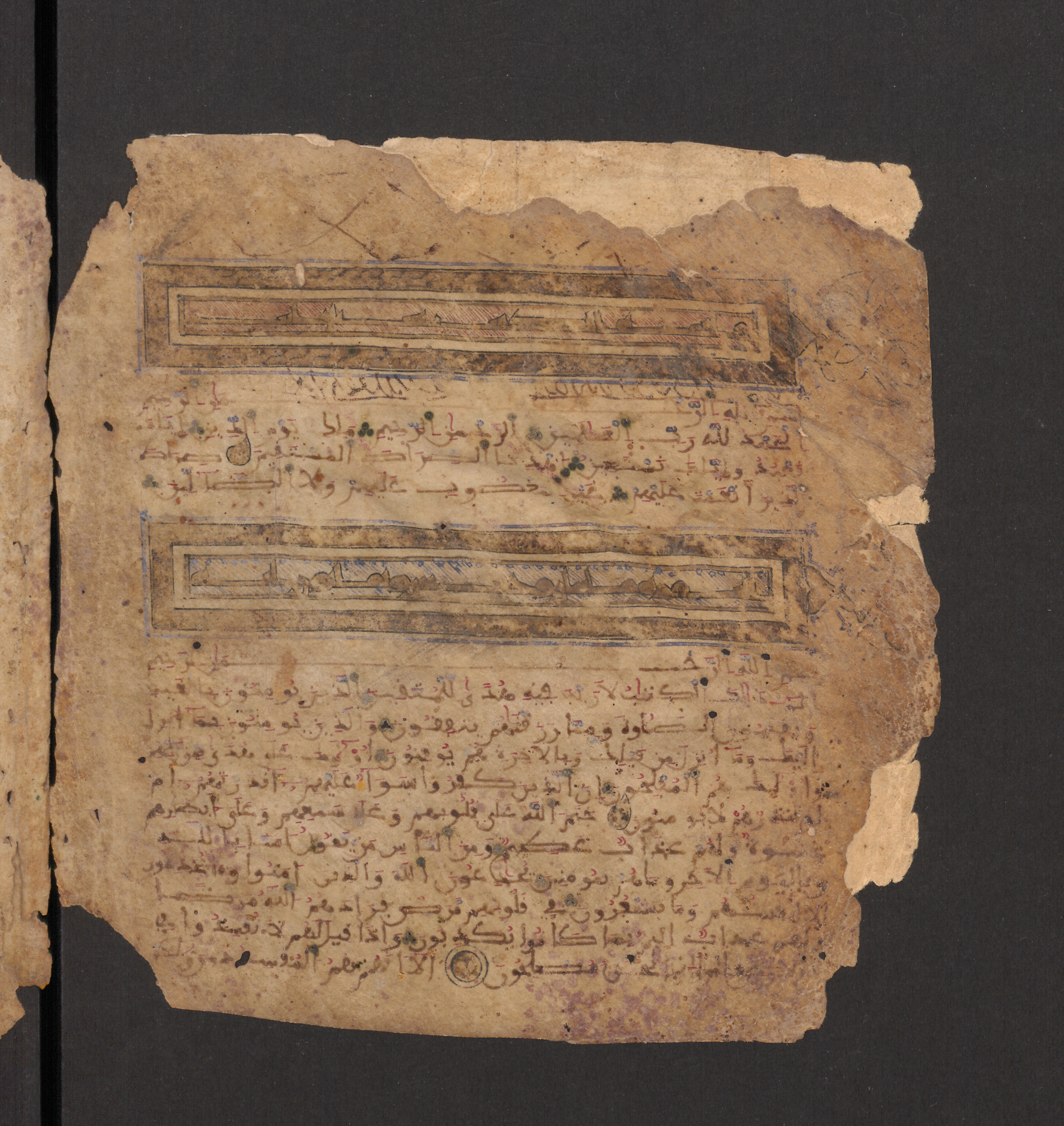 Doha, Qatar National Library, HC.MS.00715, in Maġribī micrography script, showing Surah 2:7 from 11th to 12th Century AD found in Muslim Iberia (al-Andalus), currently housed at Qatar National Library, Doha