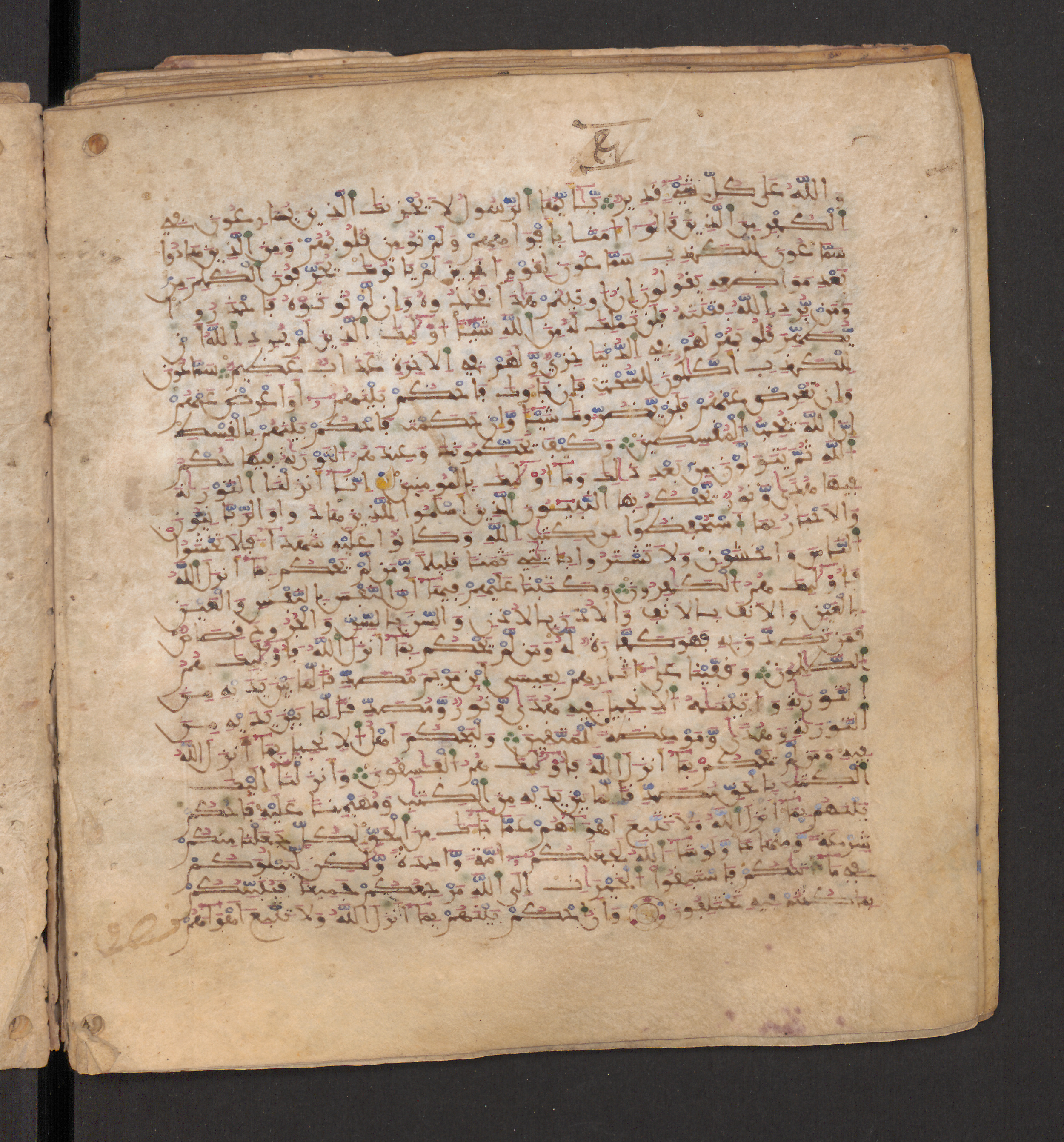 Doha, Qatar National Library, HC.MS.00715 (Scan 2), in Maġribī micrography script, showing Surah 5:40 from 11th to 12th Century AD found in Muslim Iberia (al-Andalus), currently housed at Qatar National Library, Doha