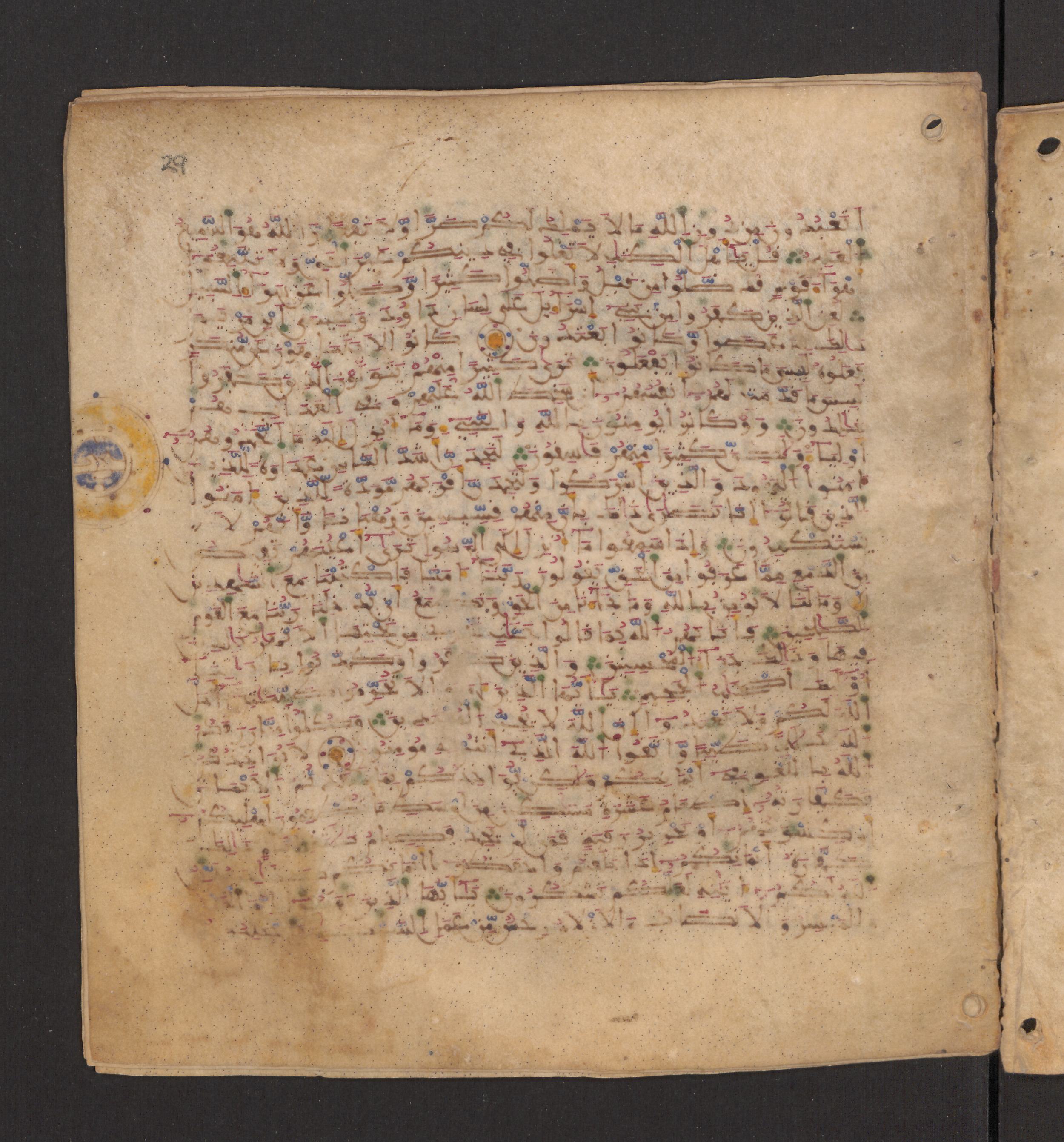 Doha, Qatar National Library, HC.MS.00715 (Scan 2), in Maġribī micrography script, showing Surah 5:76 from 11th to 12th Century AD found in Muslim Iberia (al-Andalus), currently housed at Qatar National Library, Doha