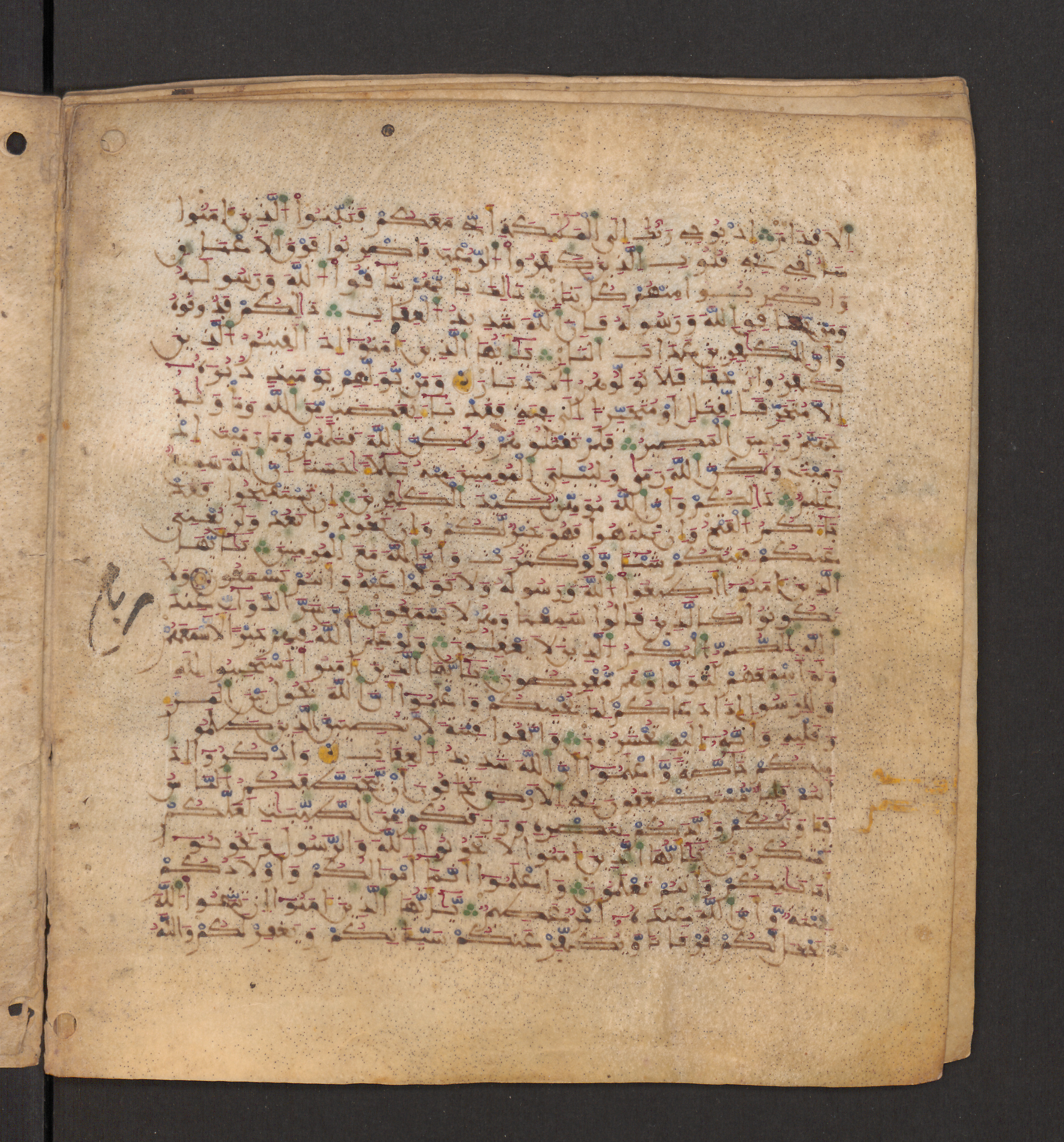 Doha, Qatar National Library, HC.MS.00715, in Maġribī micrography script, showing Surah 8:21 from 11th to 12th Century AD found in Muslim Iberia (al-Andalus), currently housed at Qatar National Library, Doha