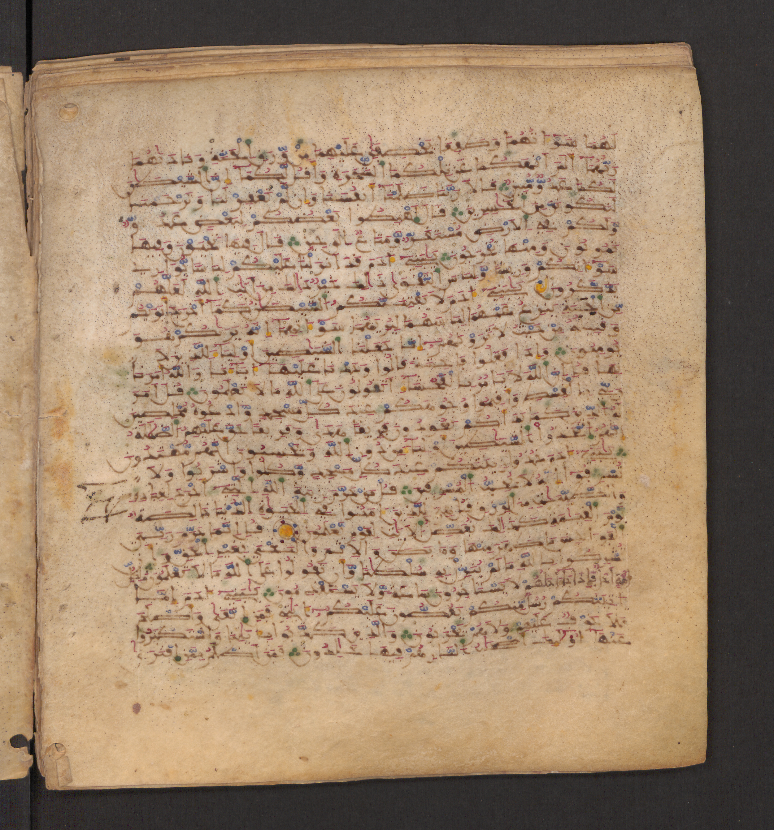 Doha, Qatar National Library, HC.MS.00715, in Maġribī micrography script, showing Surah 7:32 from 11th to 12th Century AD found in Muslim Iberia (al-Andalus), currently housed at Qatar National Library, Doha
