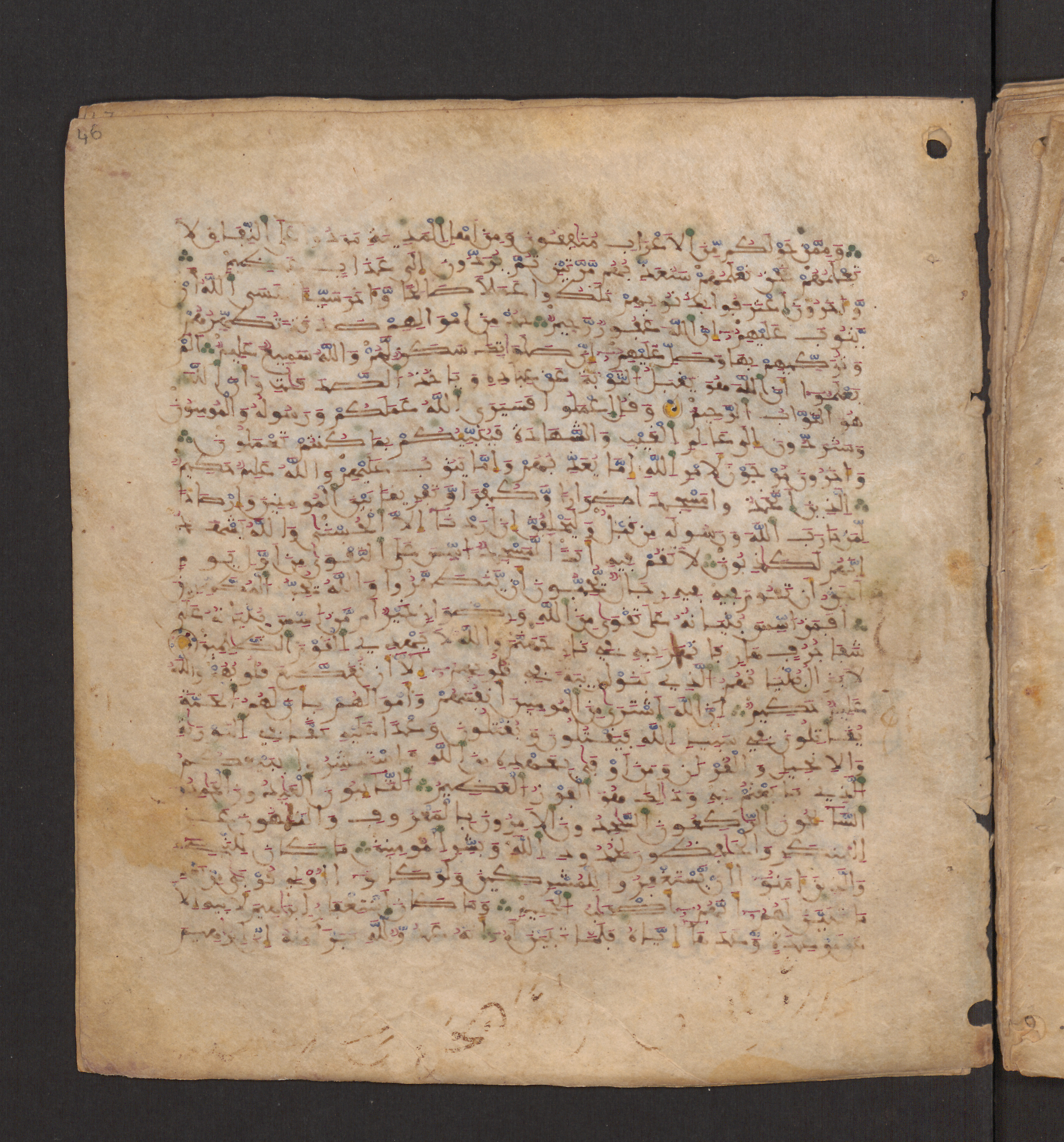 Doha, Qatar National Library, HC.MS.00715, in Maġribī micrography script, showing Surah 9:113 from 11th to 12th Century AD found in Muslim Iberia (al-Andalus), currently housed at Qatar National Library, Doha