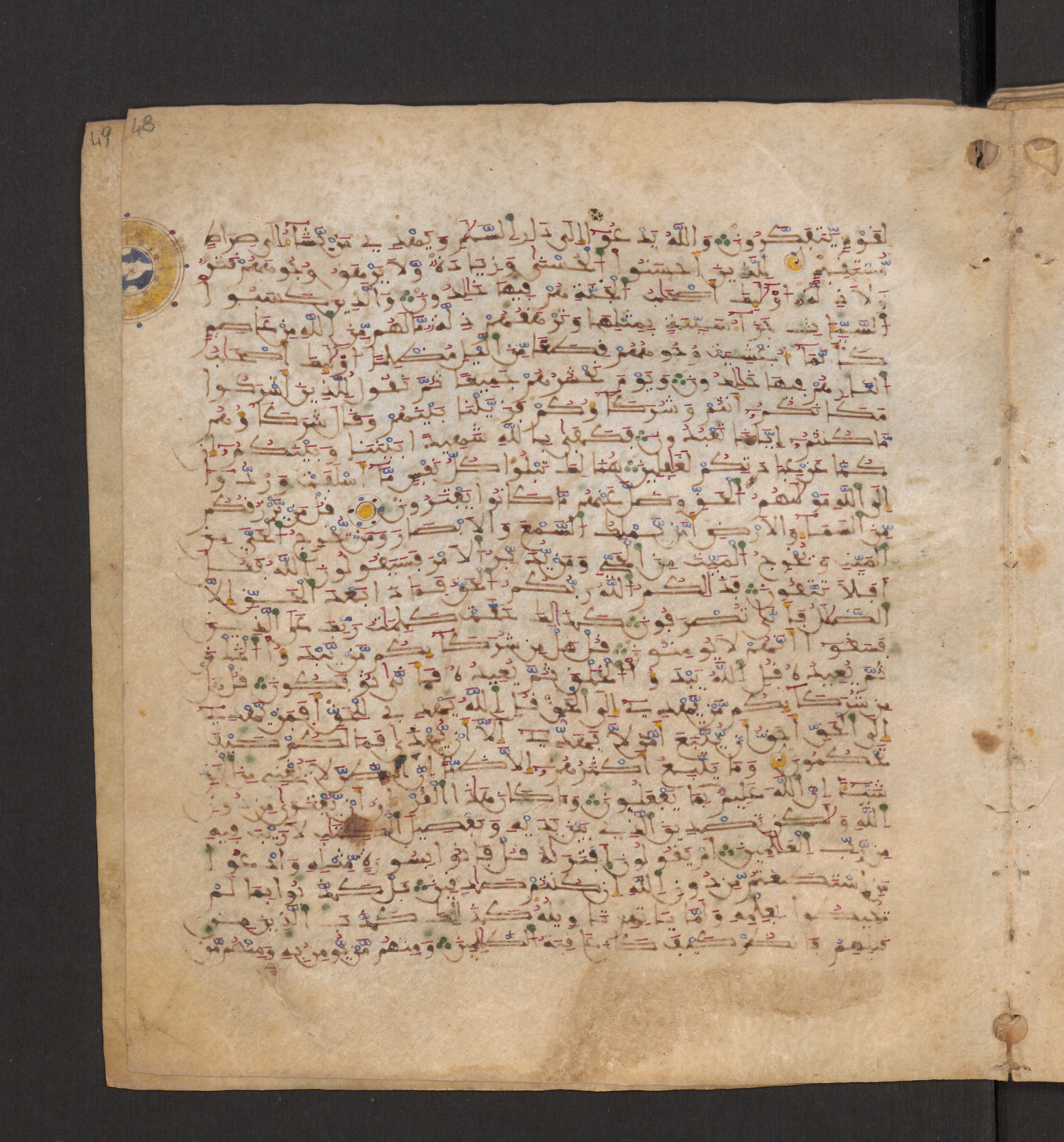 Doha, Qatar National Library, HC.MS.00715, in Maġribī micrography script, showing Surah 10:39 from 11th to 12th Century AD found in Muslim Iberia (al-Andalus), currently housed at Qatar National Library, Doha