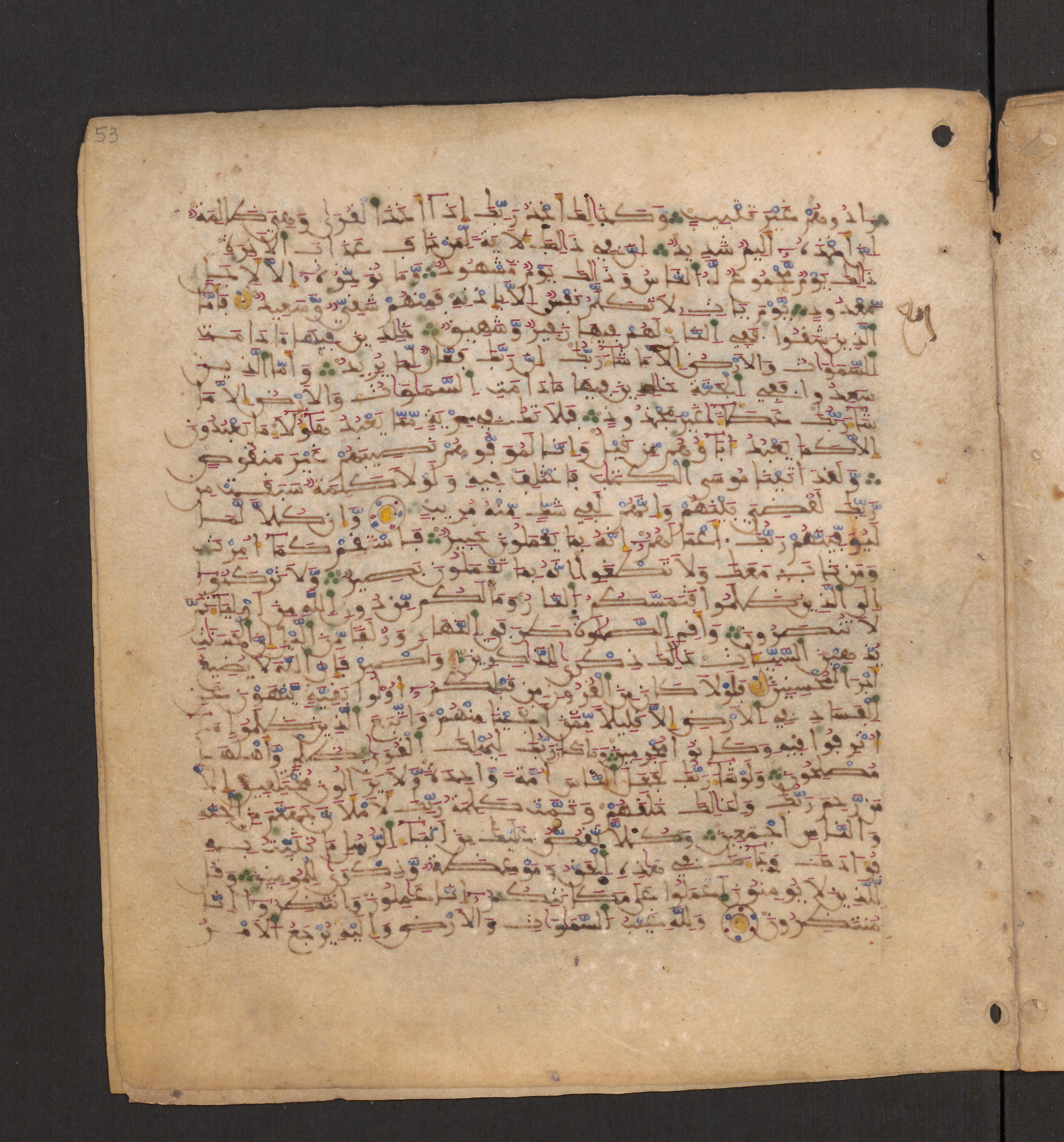 Doha, Qatar National Library, HC.MS.00715, in Maġribī micrography script, showing Surah 11:113 from 11th to 12th Century AD found in Muslim Iberia (al-Andalus), currently housed at Qatar National Library, Doha