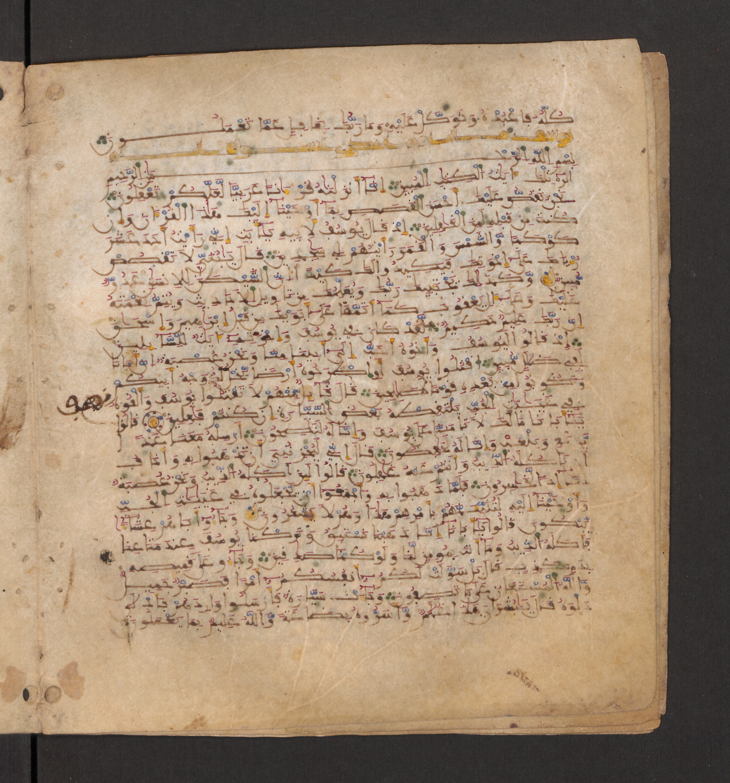 Doha, Qatar National Library, HC.MS.00715, in Maġribī micrography script, showing Surah 12:13 from 11th to 12th Century AD found in Muslim Iberia (al-Andalus), currently housed at Qatar National Library, Doha