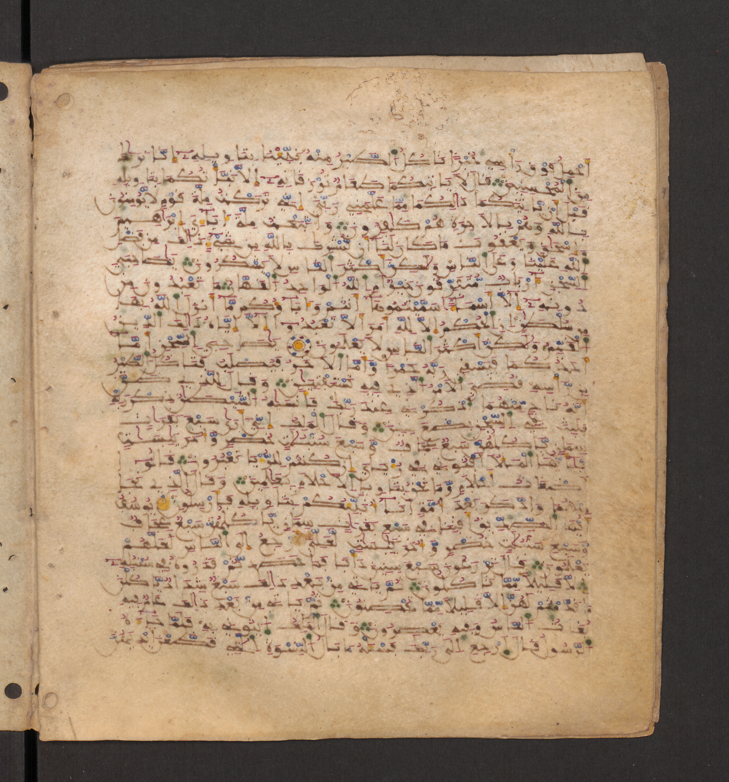 Doha, Qatar National Library, HC.MS.00715, in Maġribī micrography script, showing Surah 12:39 from 11th to 12th Century AD found in Muslim Iberia (al-Andalus), currently housed at Qatar National Library, Doha