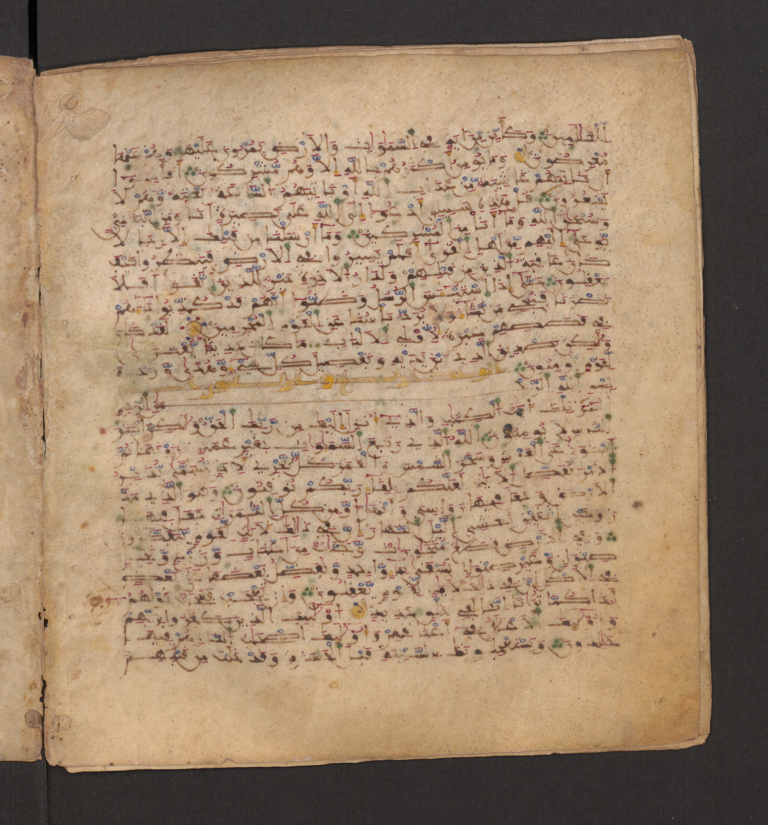 Doha, Qatar National Library, HC.MS.00715, in Maġribī micrography script, showing Surah 13:2 from 11th to 12th Century AD found in Muslim Iberia (al-Andalus), currently housed at Qatar National Library, Doha