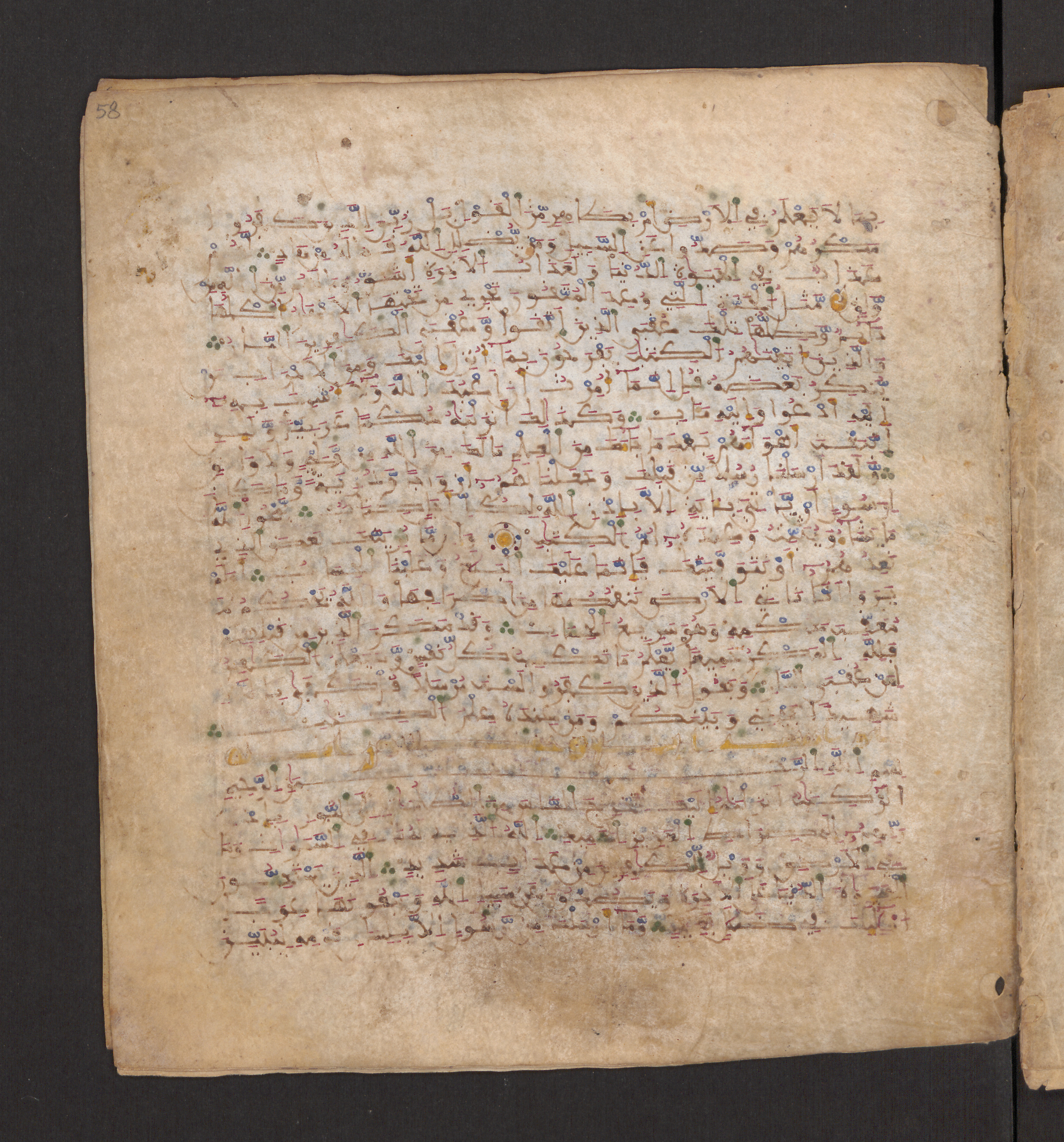 Doha, Qatar National Library, HC.MS.00715, in Maġribī micrography script, showing Surah 13:39 from 11th to 12th Century AD found in Muslim Iberia (al-Andalus), currently housed at Qatar National Library, Doha