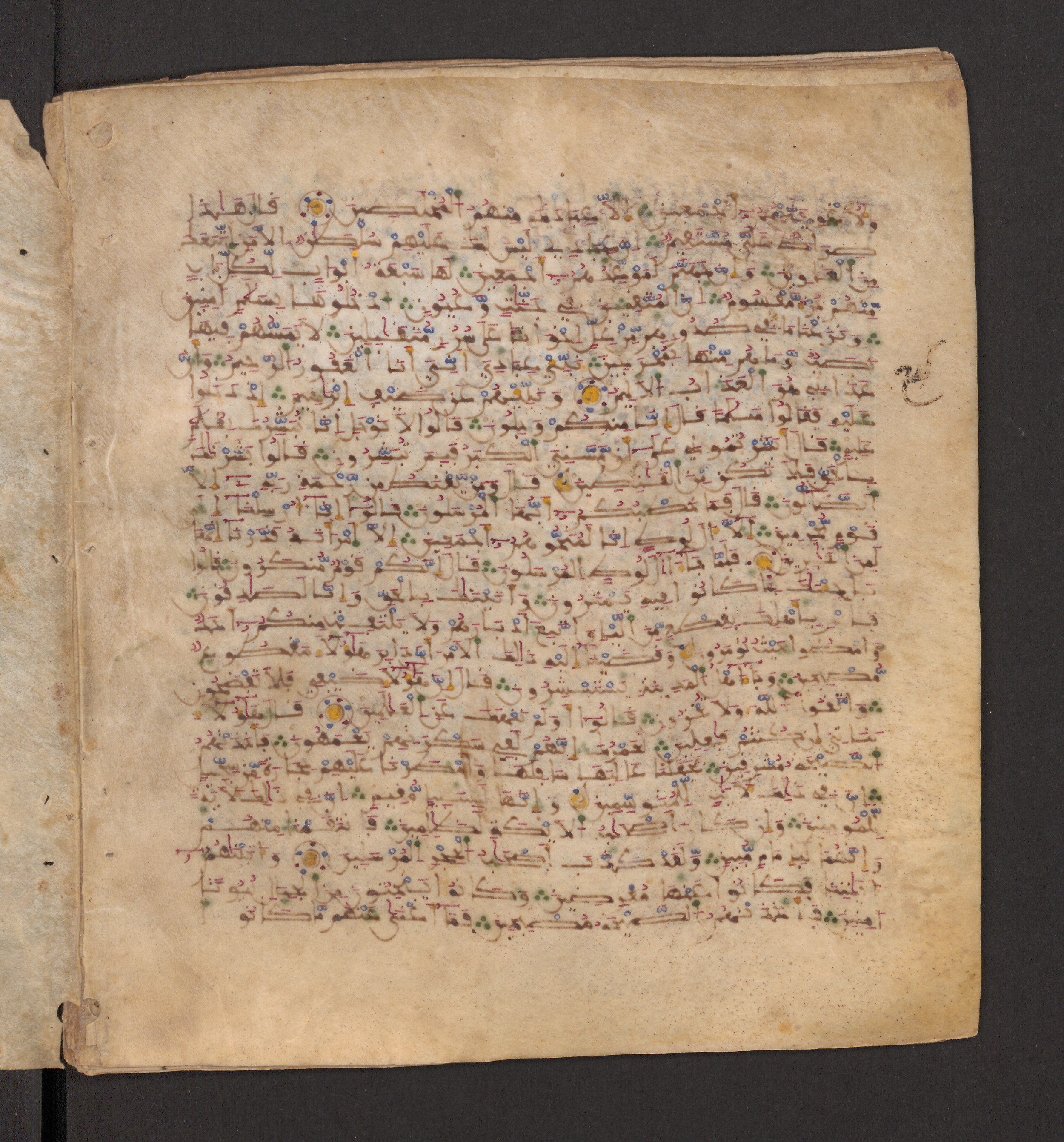 Doha, Qatar National Library, HC.MS.00715 (Scan 2), in Maġribī micrography script, showing Surah 15:39 from 11th to 12th Century AD found in Muslim Iberia (al-Andalus), currently housed at Qatar National Library, Doha