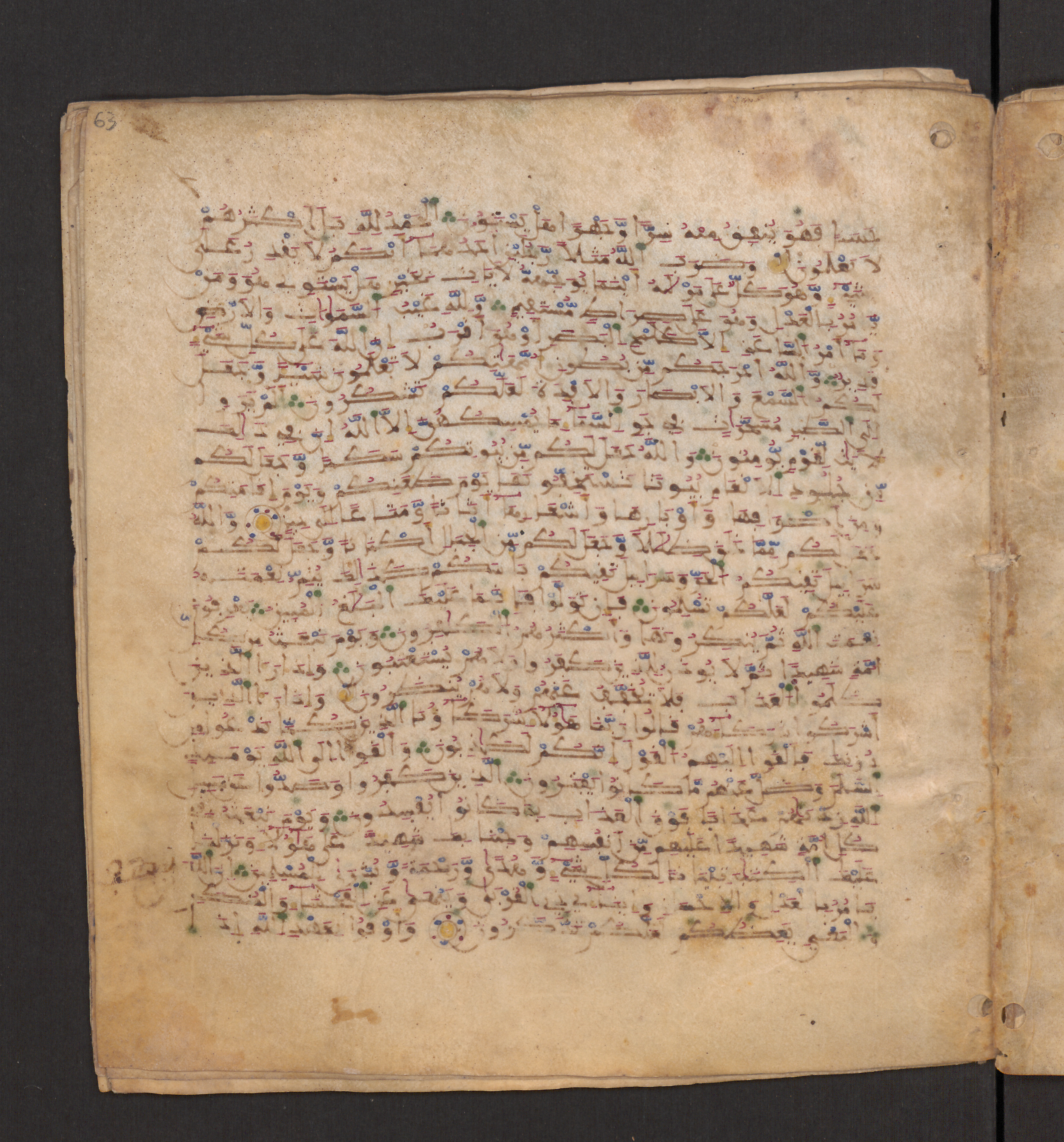 Doha, Qatar National Library, HC.MS.00715 (Scan 1), in Maġribī micrography script, showing Surah 16:91 from 11th to 12th Century AD found in Muslim Iberia (al-Andalus), currently housed at Qatar National Library, Doha